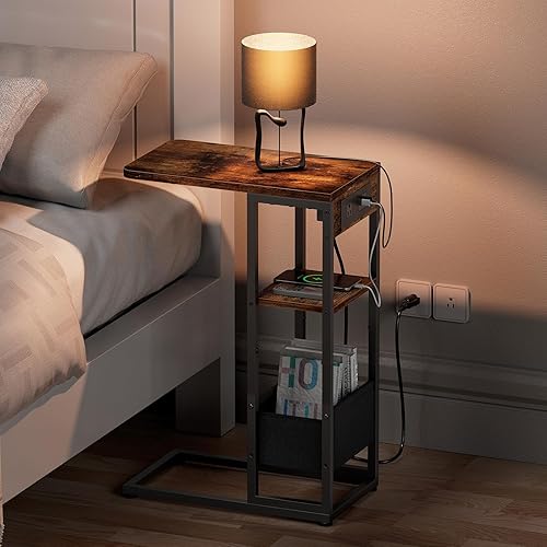 Miniatura 7 de Mesa auxiliar en forma de C con estación de carga, mesa auxiliar pequeña para sofá reclinable, mesas de aperitivos con bolsa de almacenamiento y