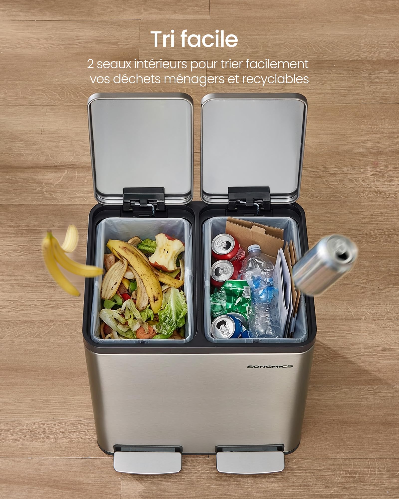 SONGMICS Poubelle de Cuisine 2 x 15 L, Corbeille de Tri 2 Compartiments, avec 15 Sacs Poubelle, Seaux Amovibles, avec Couvercle, Poignées, Fermeture en Douceur, en Acier Inoxydable, Argent LTB130EZ01