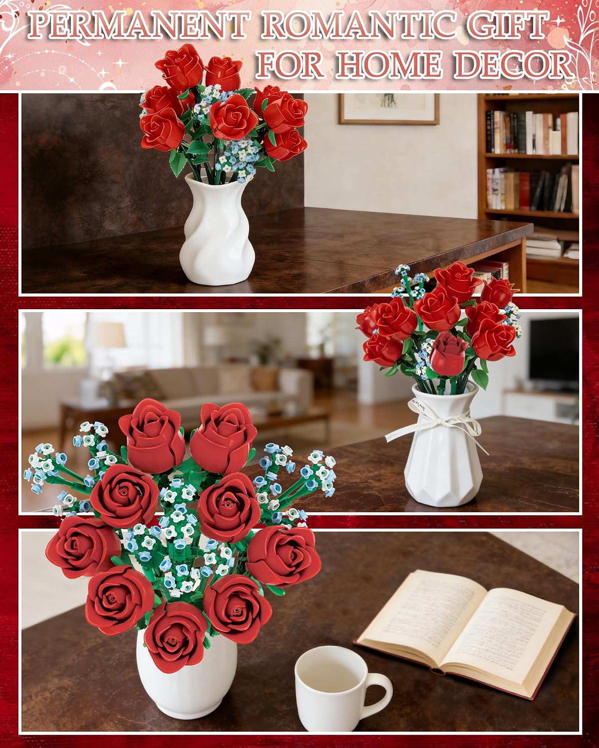 Red Rose Bouquet Building Block Kit - 619-Piece DIY Blocks for Adults & Kids, Compatible with Lego Flowers, Forever Floral Decor for Home Office, Ideal Gift for Valentine's Day, Mother's Day