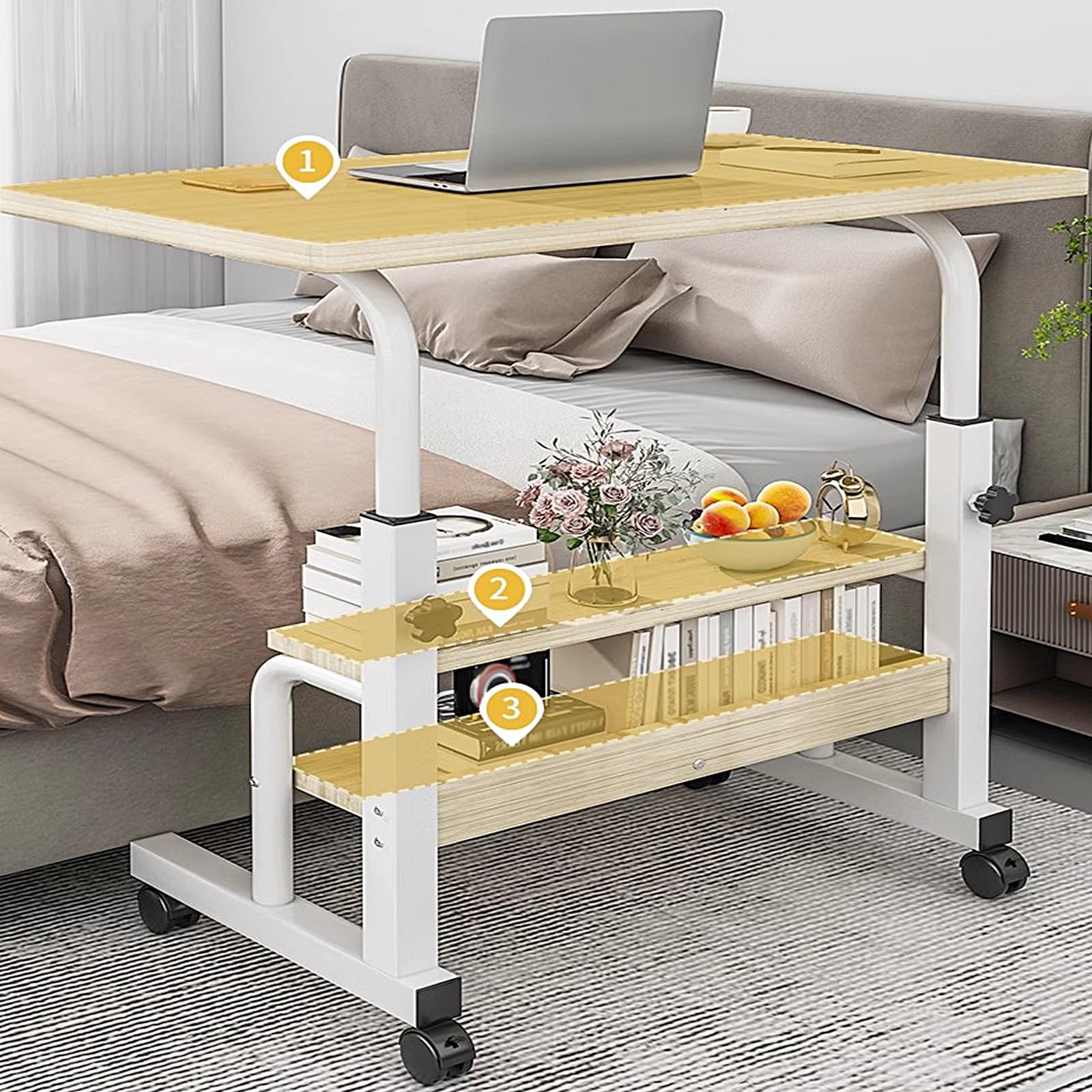 Petite Table d Appoint sur roulettes Réglable en Hauteur Tables de Lit D'aide À L'autonomie Cadre en Acier au Carbone Table de Lit Roulante for Maison, Bureau(Yellow,60 * 40 * 61-80cm)