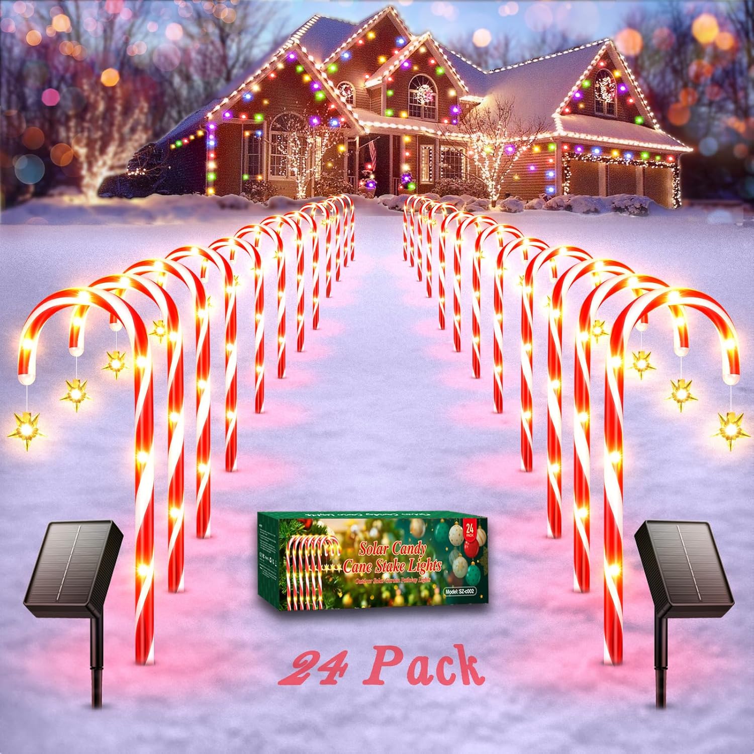 PUAIDA 24Pack Outside Christmas Decorations Solar Candy Cane Lights