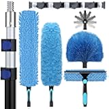 20ft High Ceiling Duster Kits with 5-12ft Heavy Duty Extension Pole - Fan Blade Cleaner, Cobweb Remover & Blue Window Squeegee Kit, Washable Dust Brush for High Roof and Glass Surfaces