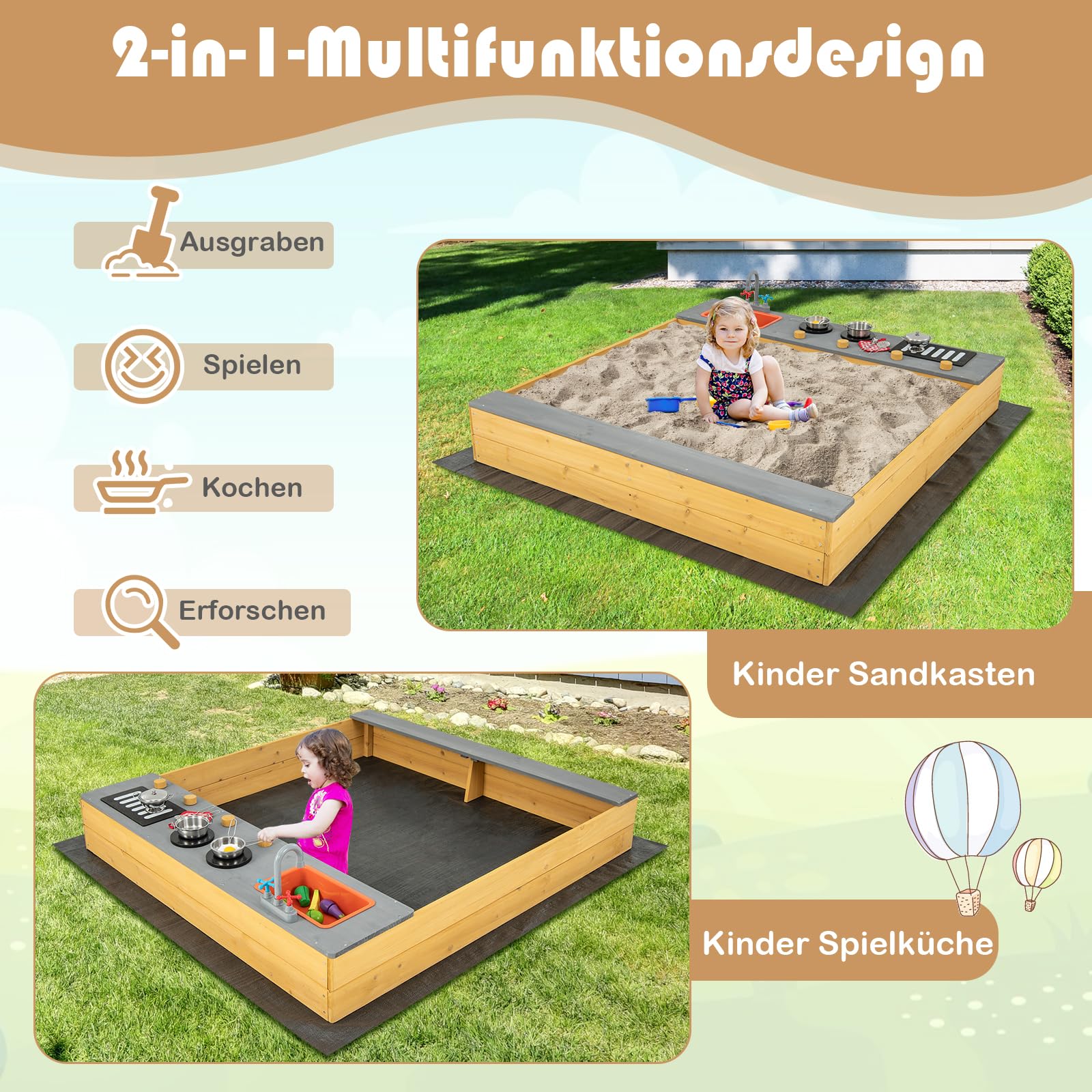 DREAMADE Sandkasten 135 x 125 x 20 cm, Outdoor-Sandkiste aus Tannenholz mit Bodenauskleidung & 9 Kochutensilien, kreativem Kochbereich & Sitzbank, Sandkasten groß für Hinterhof, Strand, Garten