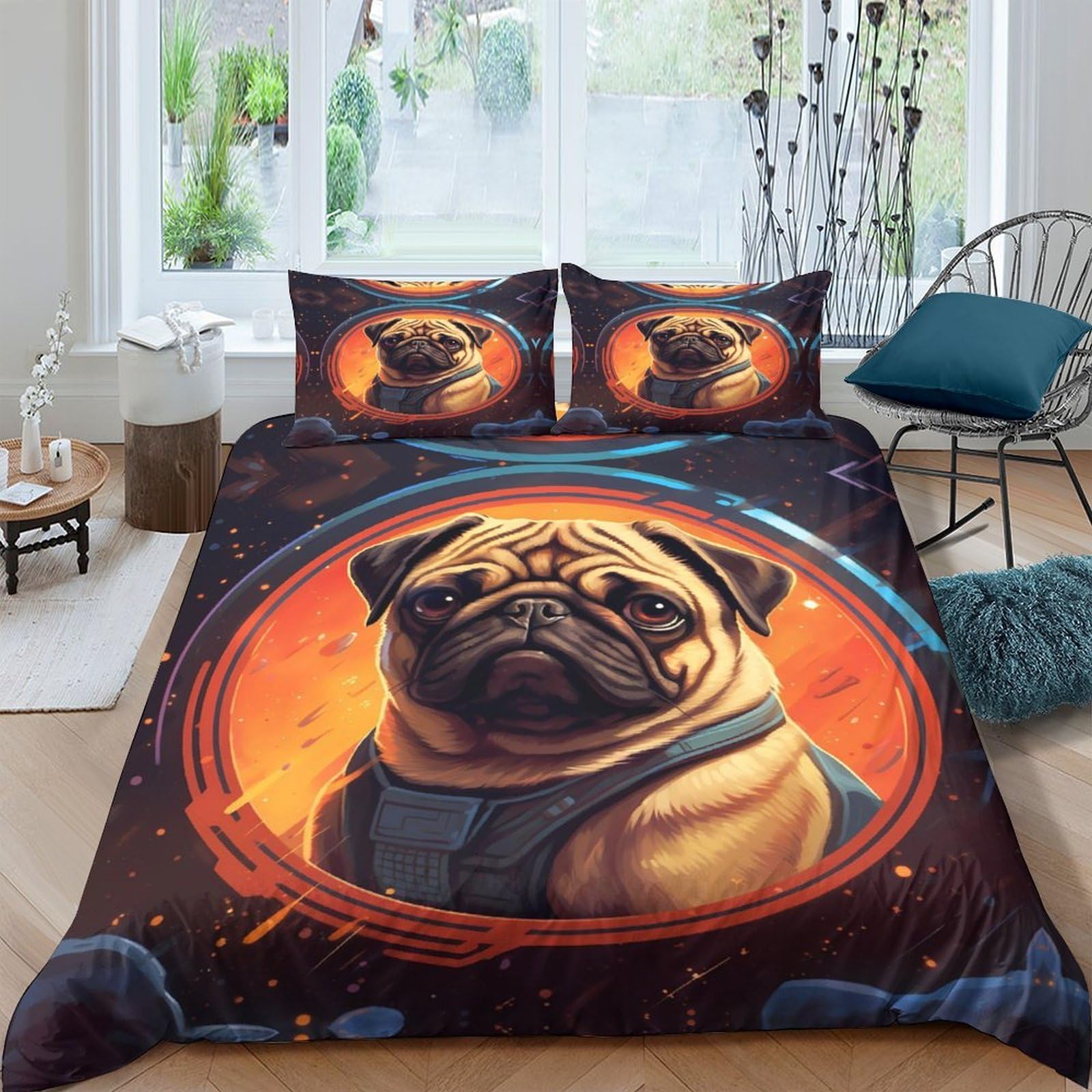 Ctjqhvkz Style-9 3D Printed Pug Dog Portrait Fitted Sheet Microfiber Soft Breathable Cartoon Space Bed Cover For Bedroom Guestroom Mattress Decor Single（135X200cm）