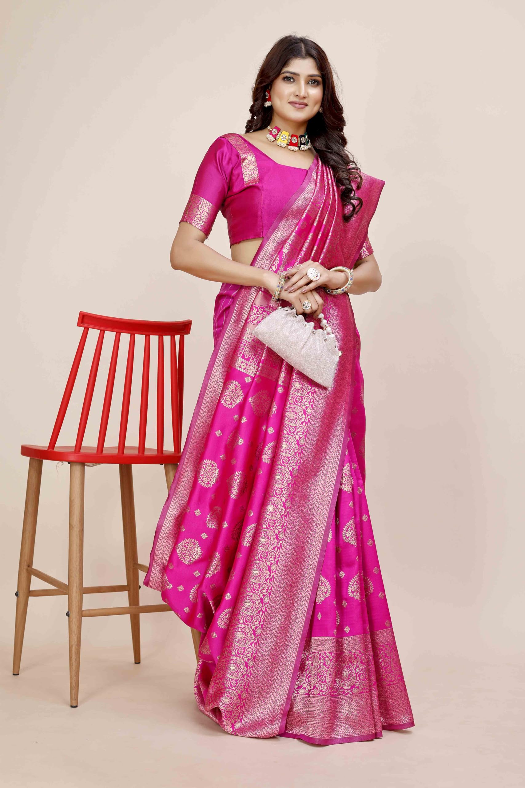 Shasmi Women's Banarasi Saree Pure Kanjivaram Silk Saree Soft New Ladies 2025 Design Wear Pattu Sarees Latest Party Sari Collections With Blouse Piece For Wedding Sadi (Pari-218 Rani)