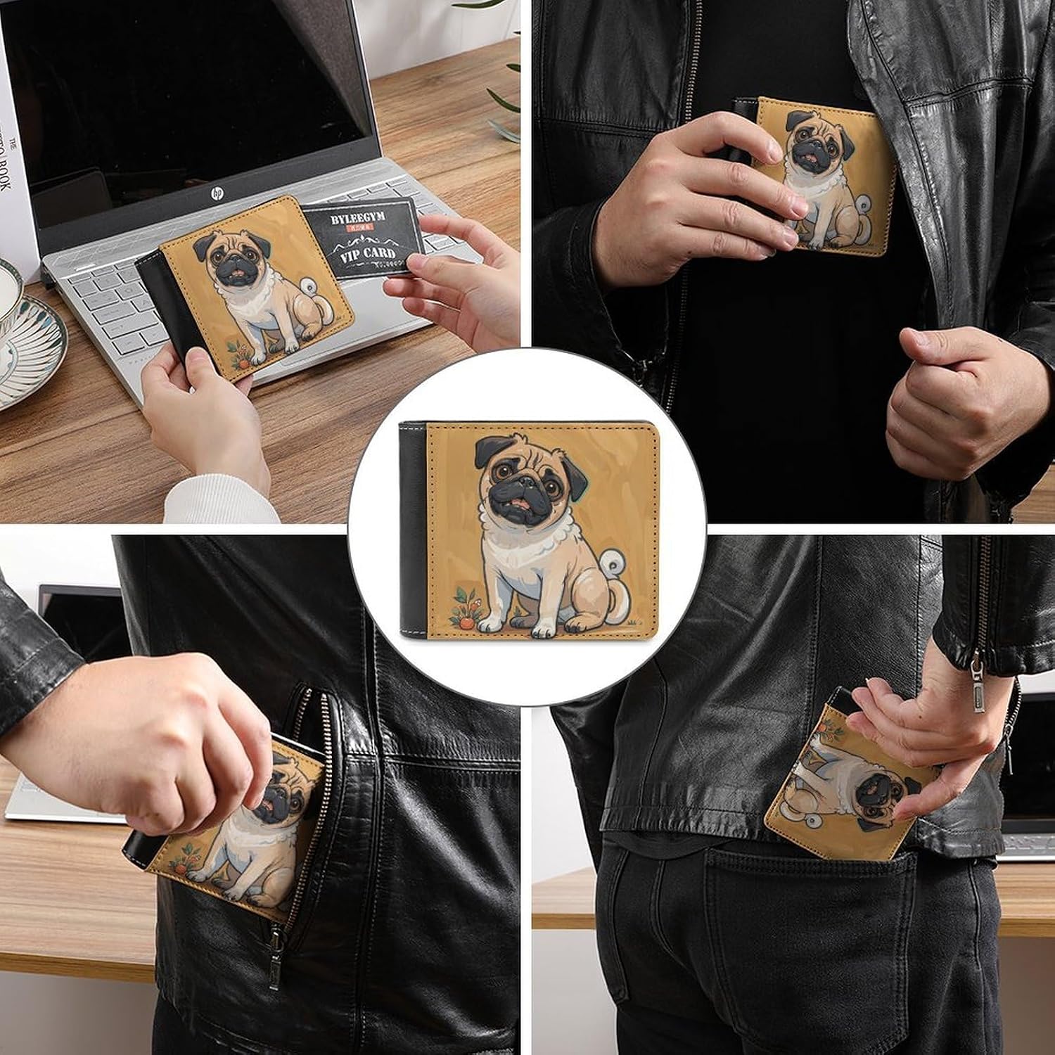 Slim Leather Wallet for Men - Funny Cartoon Pug Puppy Dogs Bifold Card Holder for Daily Travel, Mens Money Clip image 3