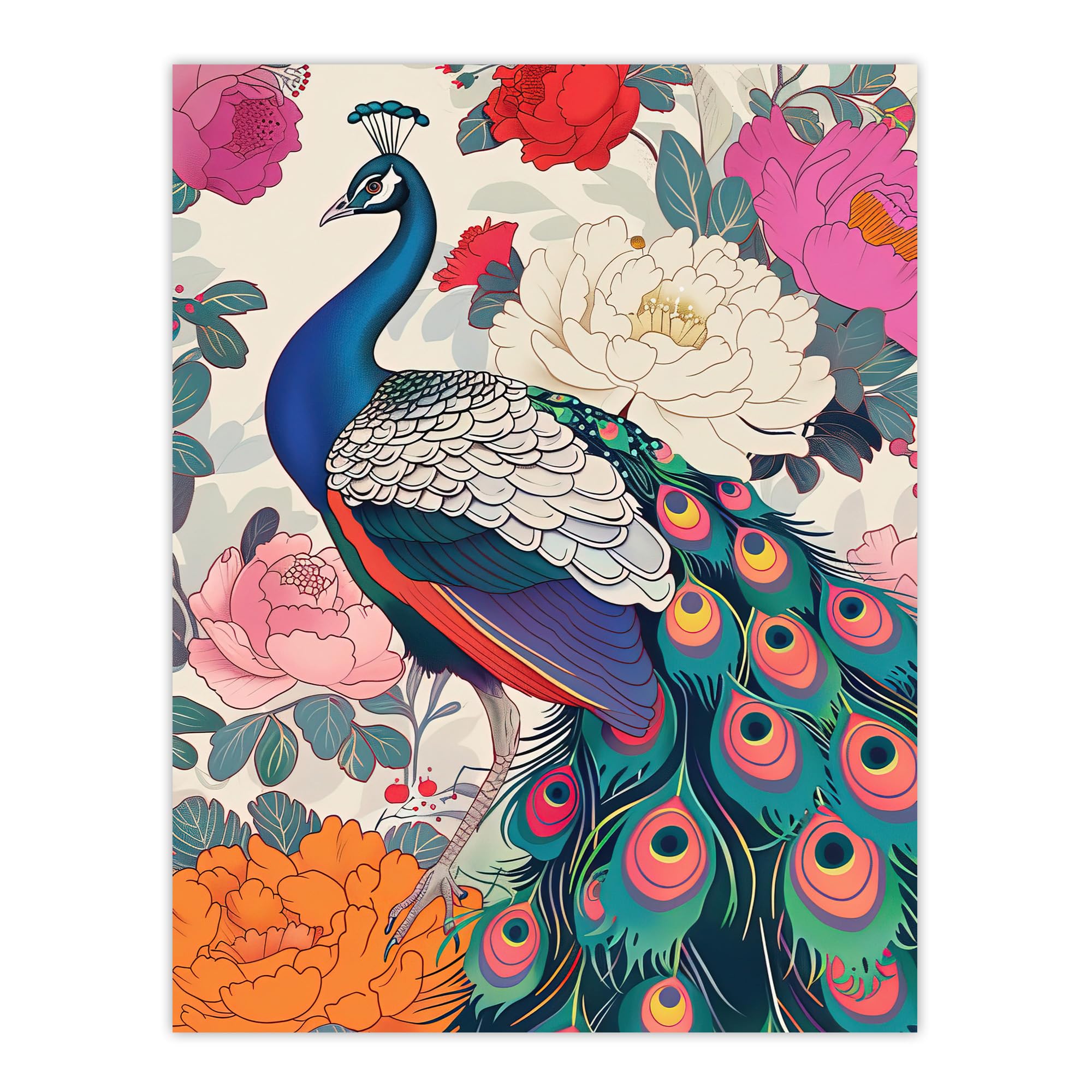 Artery8 Peacock Bird with Peony Flower Pattern Design Living Room Large Wall Art Poster Print Thick Paper 18X24 Inch