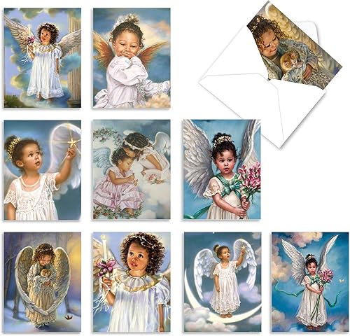 The Best Card Company - Juego de 10 tarjetas de notas en blanco surtidas (4 x 5.12 pulgadas) - Adorables tarjetas de felicitación de ángeles étnicos