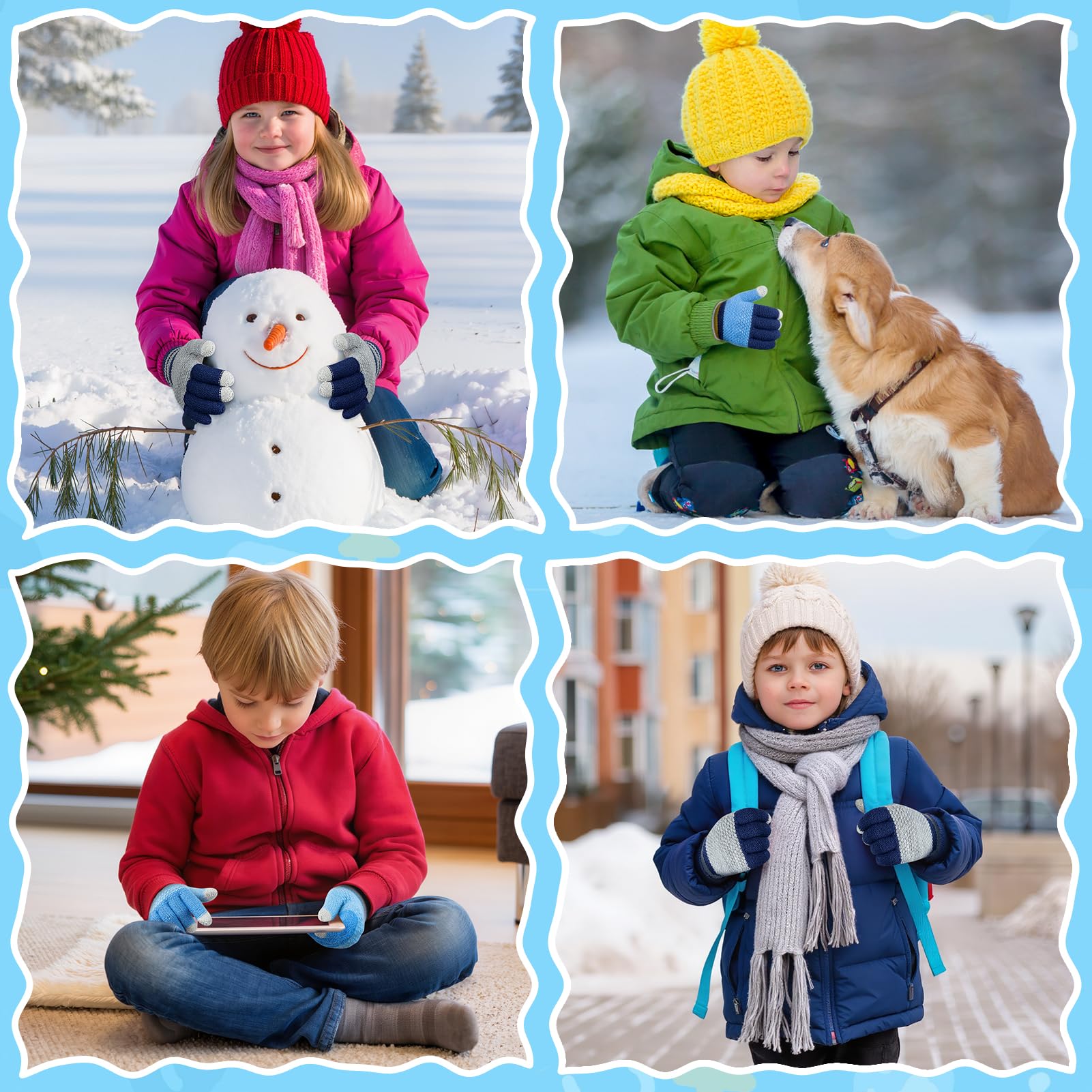 Kiiwah 3 Paires Gants Tricotés Chauds pour Enfants, Doigts Complets Thermique, Garçons 7-9 Ans (Bleu, Marine, Gris)