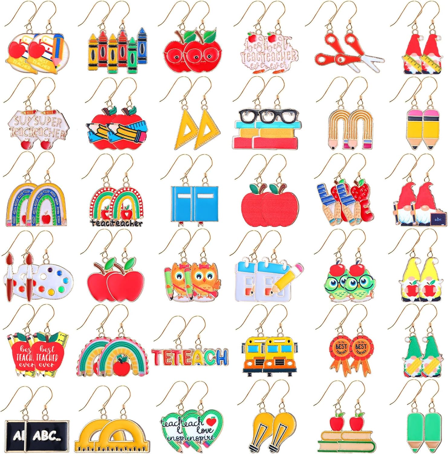 Yunlly 36 Pairs Teacher Earrings for Women Cute Book Pencil Ruler Apple Stud Dangle Earrings Back to School Teacher Gifts