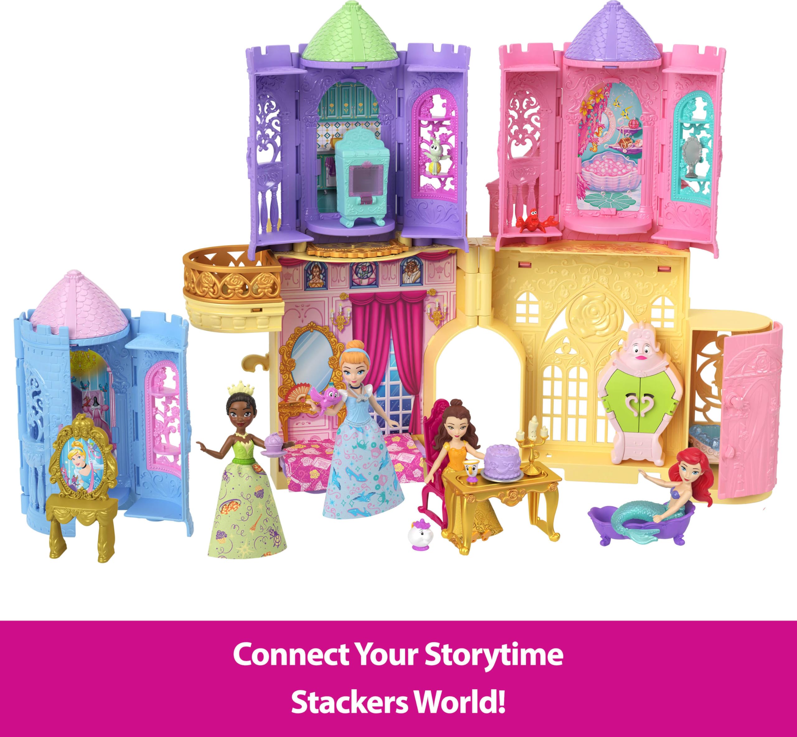 Mattel Disney Princess Tower Surprise Piccole bambole e accessori, impilabile Playset con 4 sorprese e amici di Disney Movies (gli stili possono variare)
