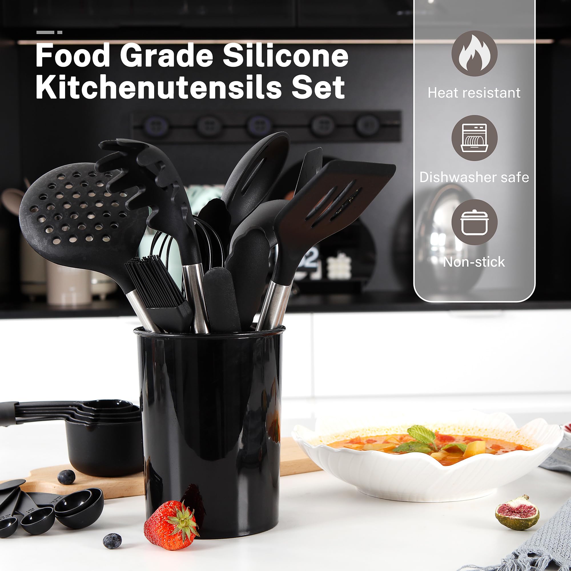 QMVESS Silikon-Küchenhelfer-Set, 28-teilig, antihaftbeschichtet, mit Halter, Zange, Spatel, Schneebesen, Messbecher und Löffel, Set mit Edelstahlgriff, Küchenhelfer (schwarz)