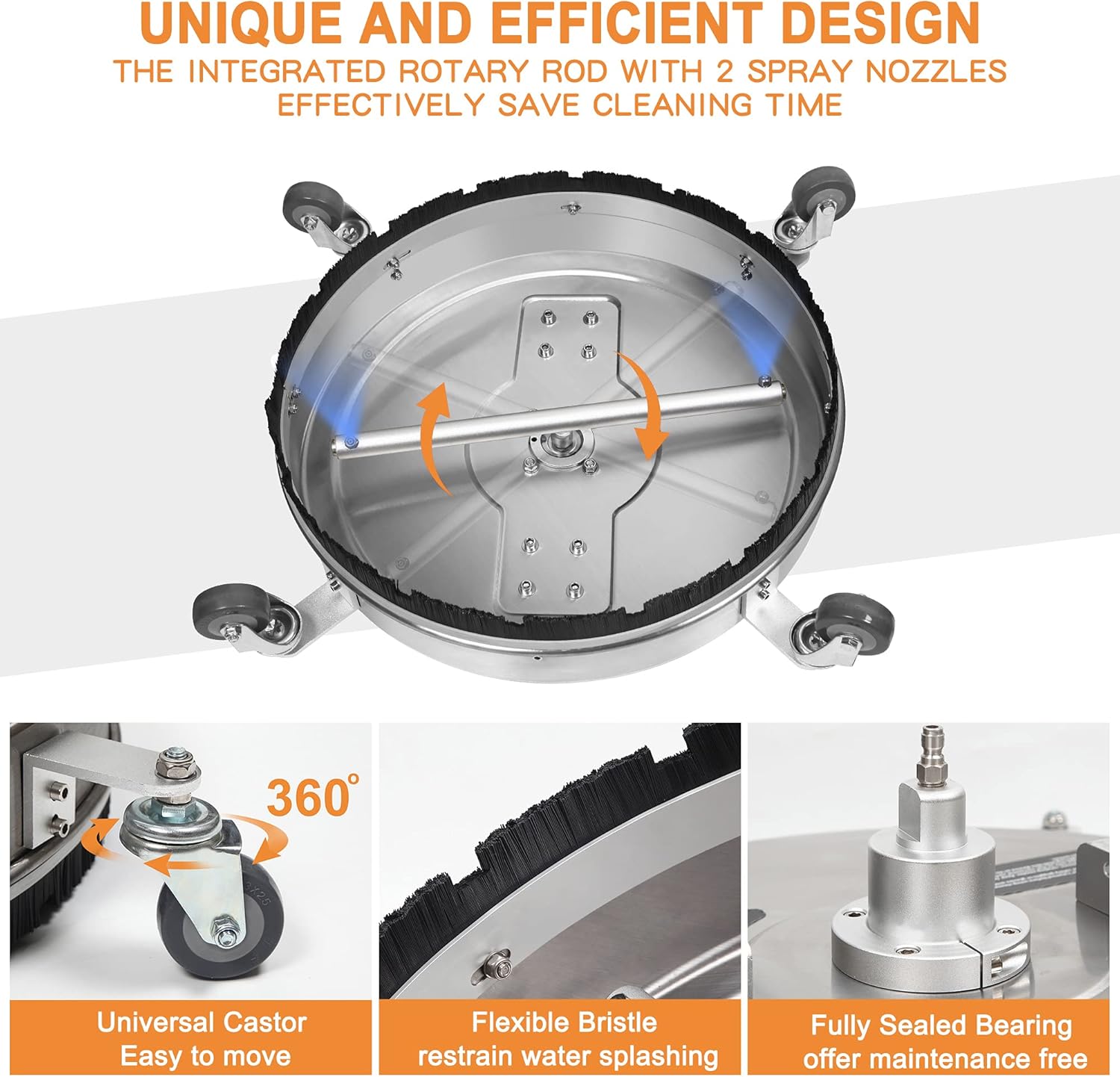 Super Sale 🛒 Heureux Pressure Washer Surface Cleaner 20 Inches Stainless Steel Power Washer Accessory with 4 Wheels and Dual Handle,3/8 Quick Connector Rated up to 4000 PSI