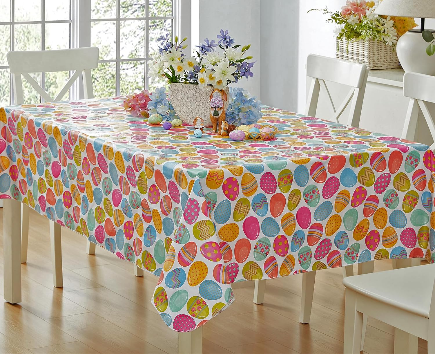 Newbridge Easter Egg Color Explosion Vinyl Flannel Backed Tablecloth, Cheerful Spring Easy Care Vinyl Tablecloth with Flannel Backing, 52 x 52 inch Square