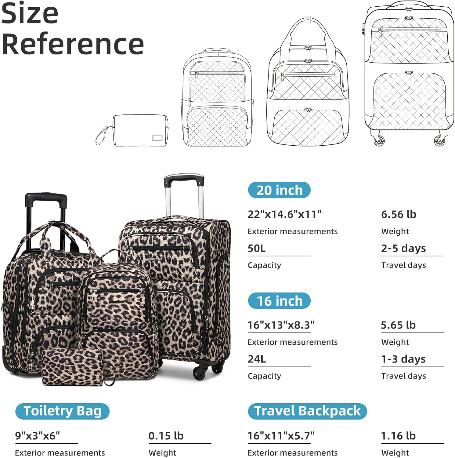 LARVENDER Softside Carry On Luggage 4 Piece, Expandable Carry On Luggage 22x14x9 Airline Approved Underseat Suitcase with Spinner Wheels TSA Lock, Leopard (16/20/BP/TB)