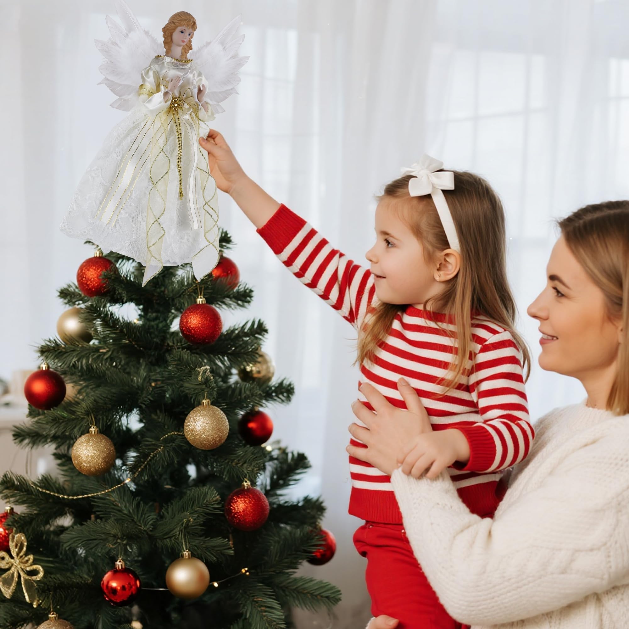 YOFIT Decoración para árbol de Navidad de ángel iluminado de 12 pulgadas, funciona con pilas con luces LED blancas cálidas, adornos de ángel para decoración de árbol de Navidad, decoración navideña