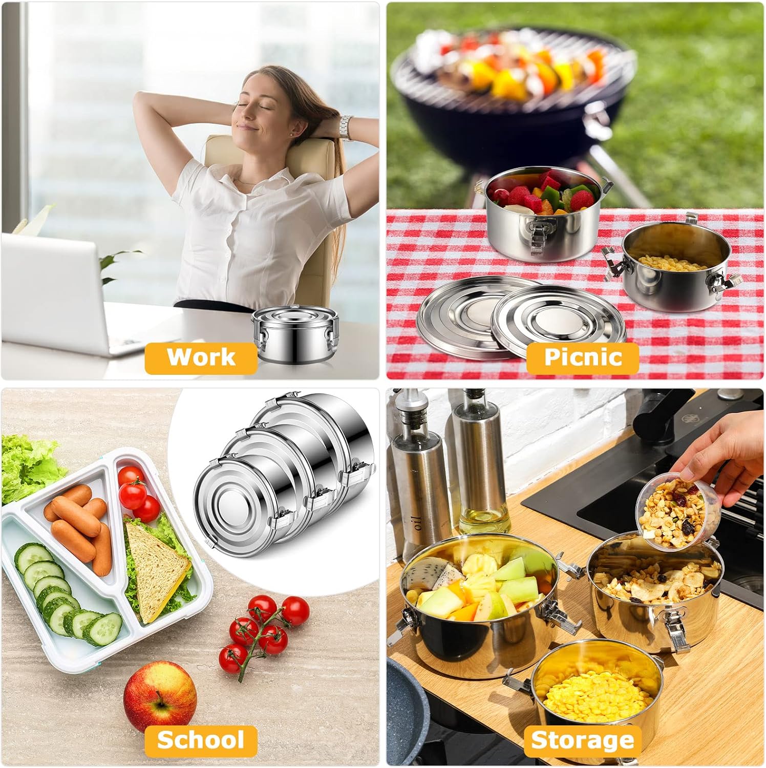 Zopeal 6 Pcs Stainless Steel Food Storage Containers with Lid Bento Lunch Boxes Reusable Metal Flat Canisters for Camping Trips Picnic Snacks Soups Salads Leftovers, 3 Sizes (22oz, 34oz, 54oz) - Image 7