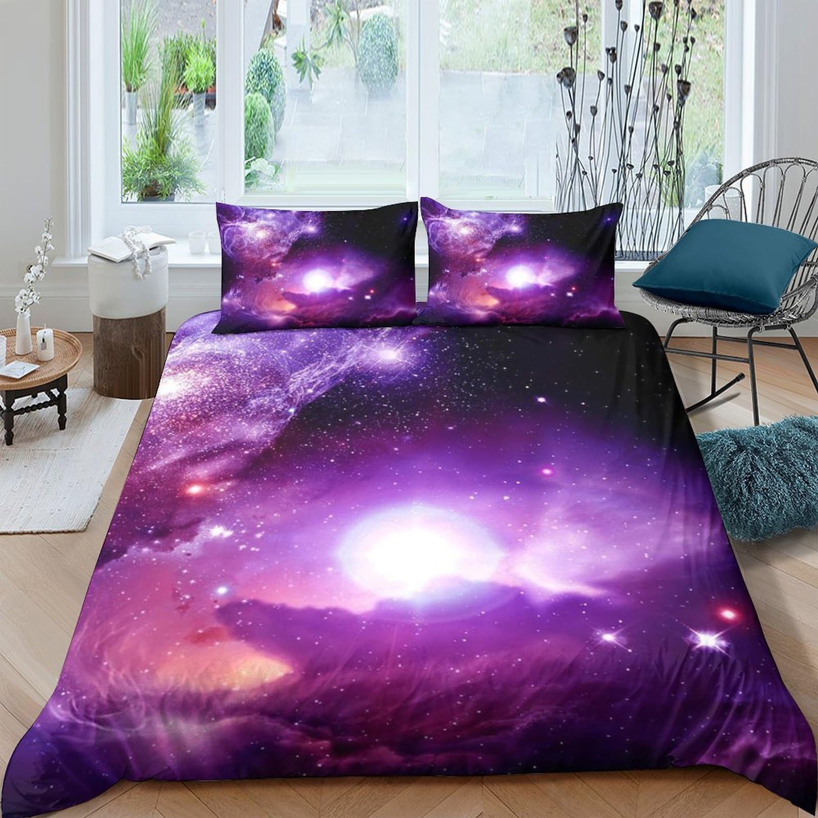 TUFRTGYHN 3D Printed Galaxy Starry Sky Duvet Cover Set Microfiber Purple Nebula Quilt Cover with 2 Pillowcases for Bedroom Home Decor Single（135x200cm）