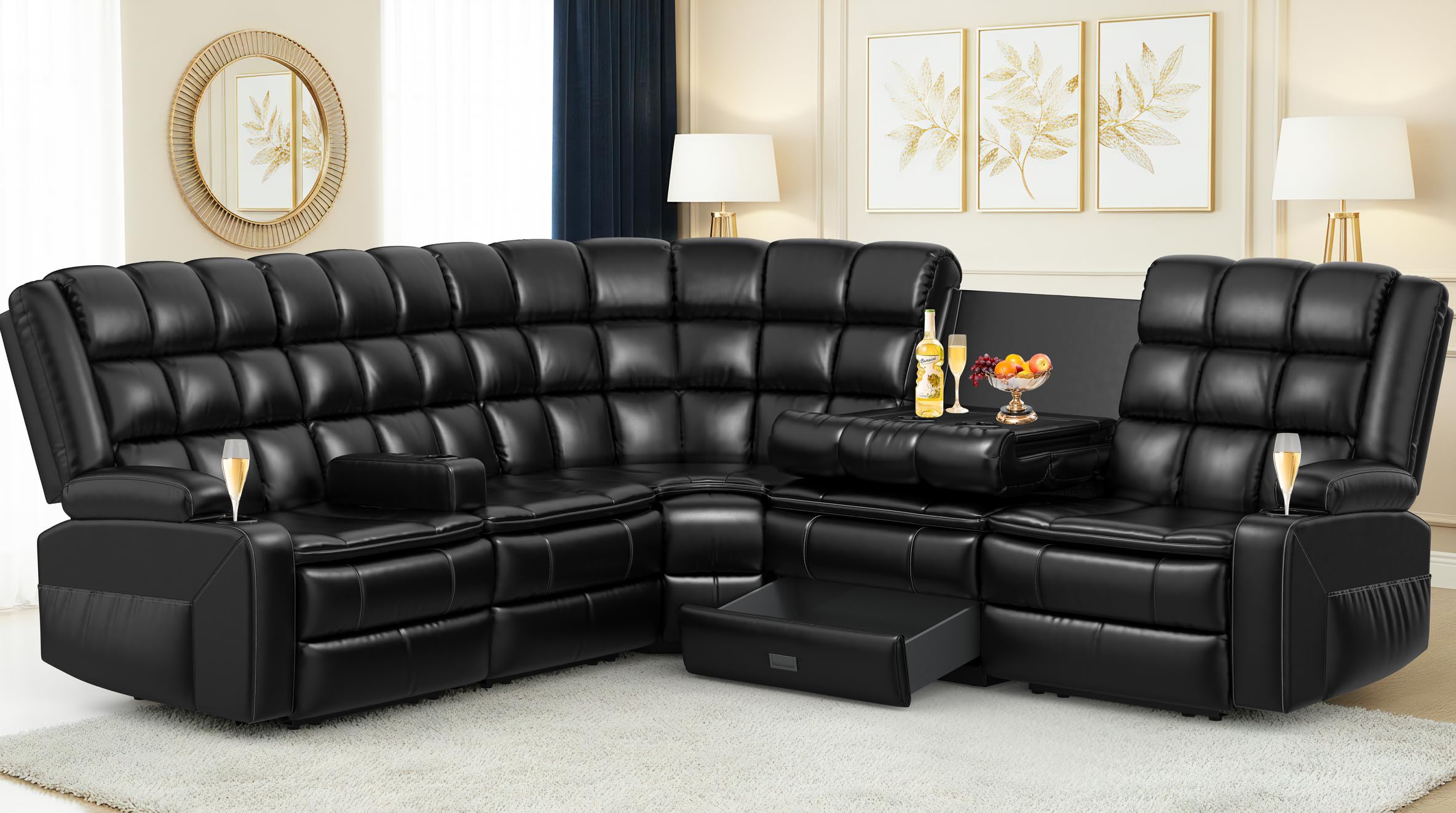 Reclining Sectional Couches, L-Shaped Wall Hugger Reclining Couch with Removable Console USB, Recliner Sofa with Cup Holder, PU Leather Sofas with 2 Layers Cushion, Manual Living Room Furniture