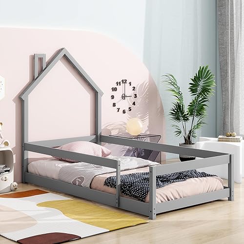 Miniatura 23 de SOFTSEA Base de cama completa para niños, plataforma de madera para casa, marco de cama para niños, necesita somier, fácil de montar, gris Natural