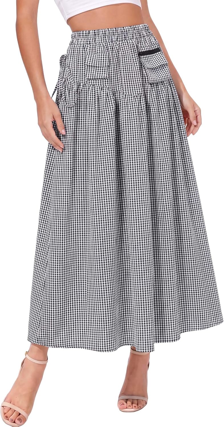 DERAX Gingham Maxi Skirts for Women Drawstring High Waist A-Line Long Plaid Skirt Summer Casual Vacation Long Skirts