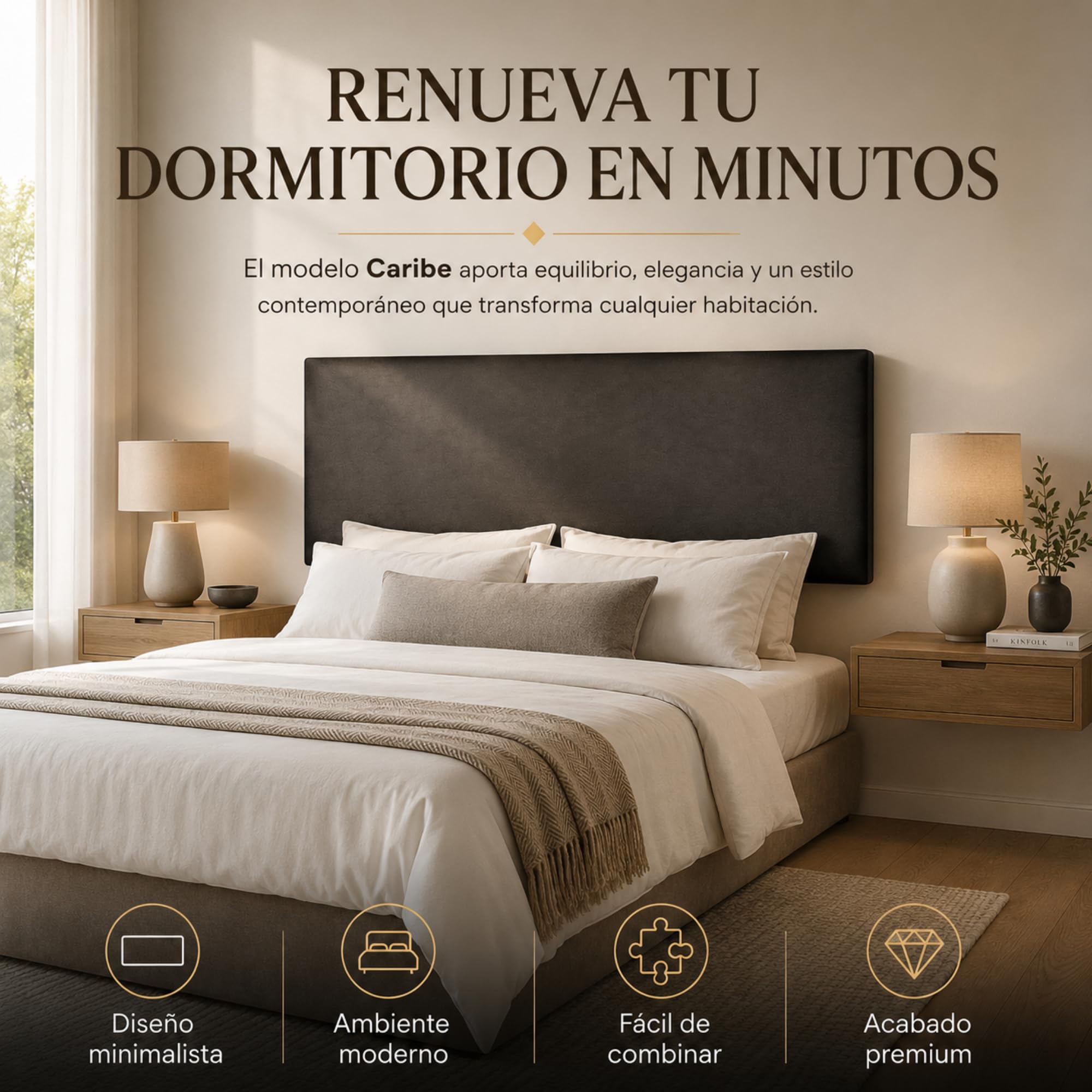 FISIO Dreams Cabecero Polipiel Caribe 1 para Cama 90, 105, 135, 150, 160,180 y 200 cm | Cabezal Tapizado Moderno y Minimalista | Fabricado en España | Fácil Instalación