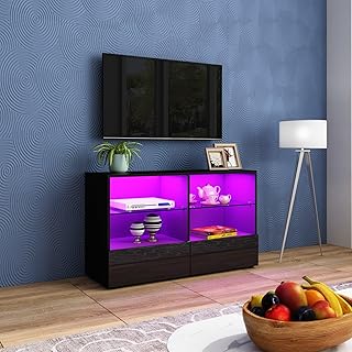 Modern TV Cabinet Led Light Black High Gloss Front TV Stand Unit 100CM with 2 Drawers 4 Open Shelves with Glass Shelves TV Units for Living Room Bedroom Home Furniture