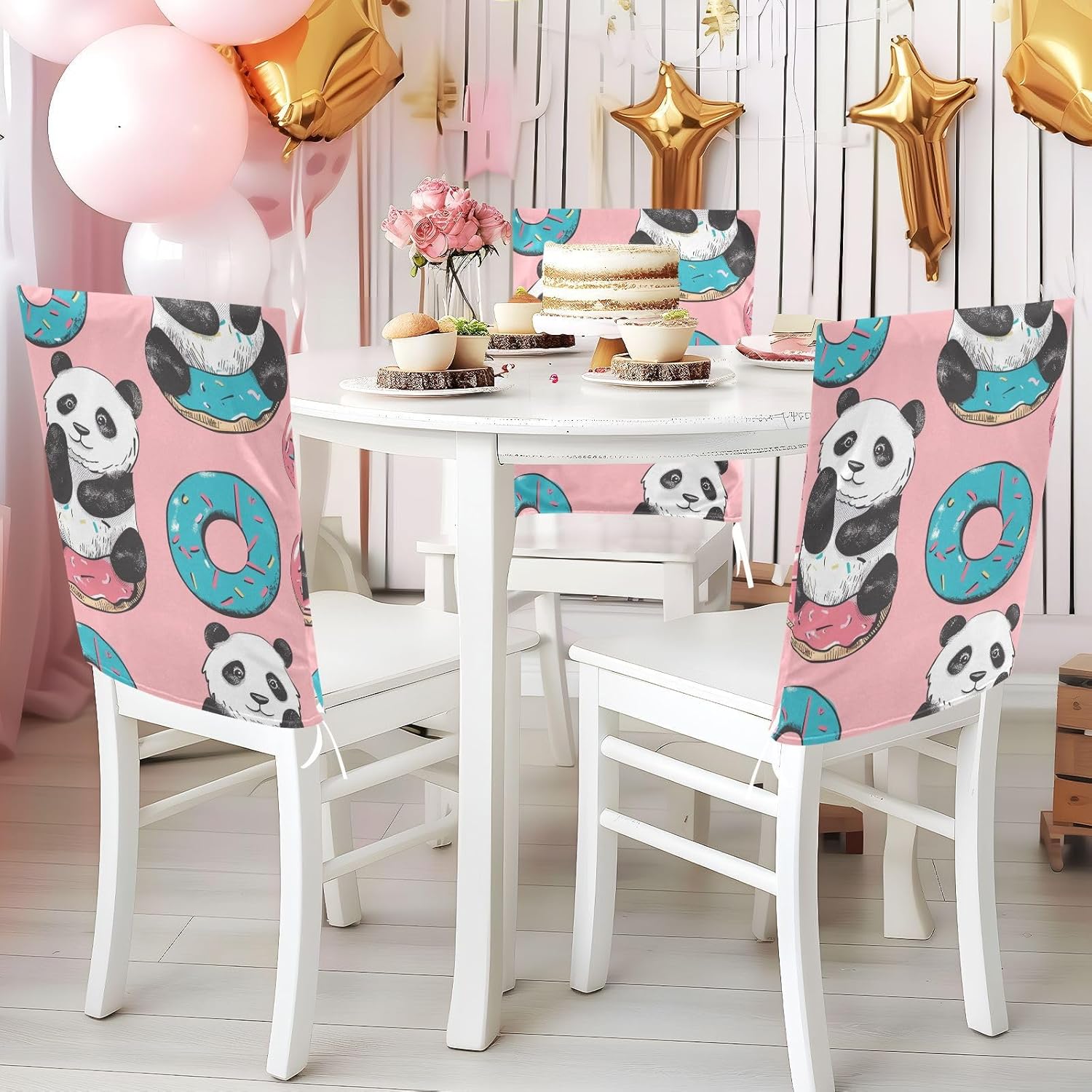 ALAZA Beautiful Panda Sit on Donuts Chair Back Cover Set of 6, Washable Reusable Removable Chair Slipcovers Decorative Chair Cover for Home Kitchen Wedding Party