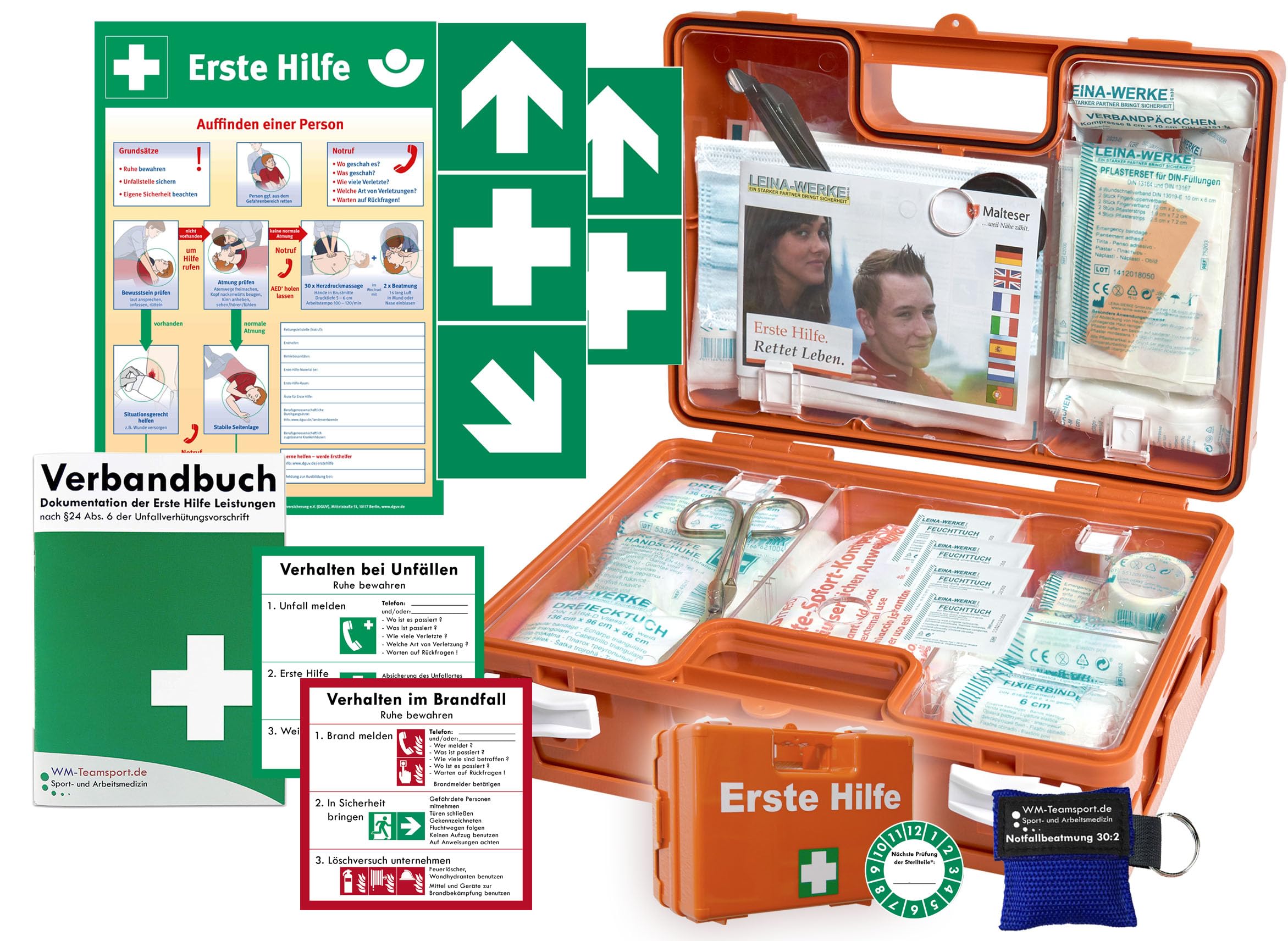 Verbandskoffer/Verbandskasten (K) Typ N -Komplettpaket- Erste Hilfe nach aktueller DIN 13157 für Betriebe -DSGVO- INKL. PERFORIERTEM VERBANDBUCH + Notfallbeatmung & AUFKLEBER + Aushang