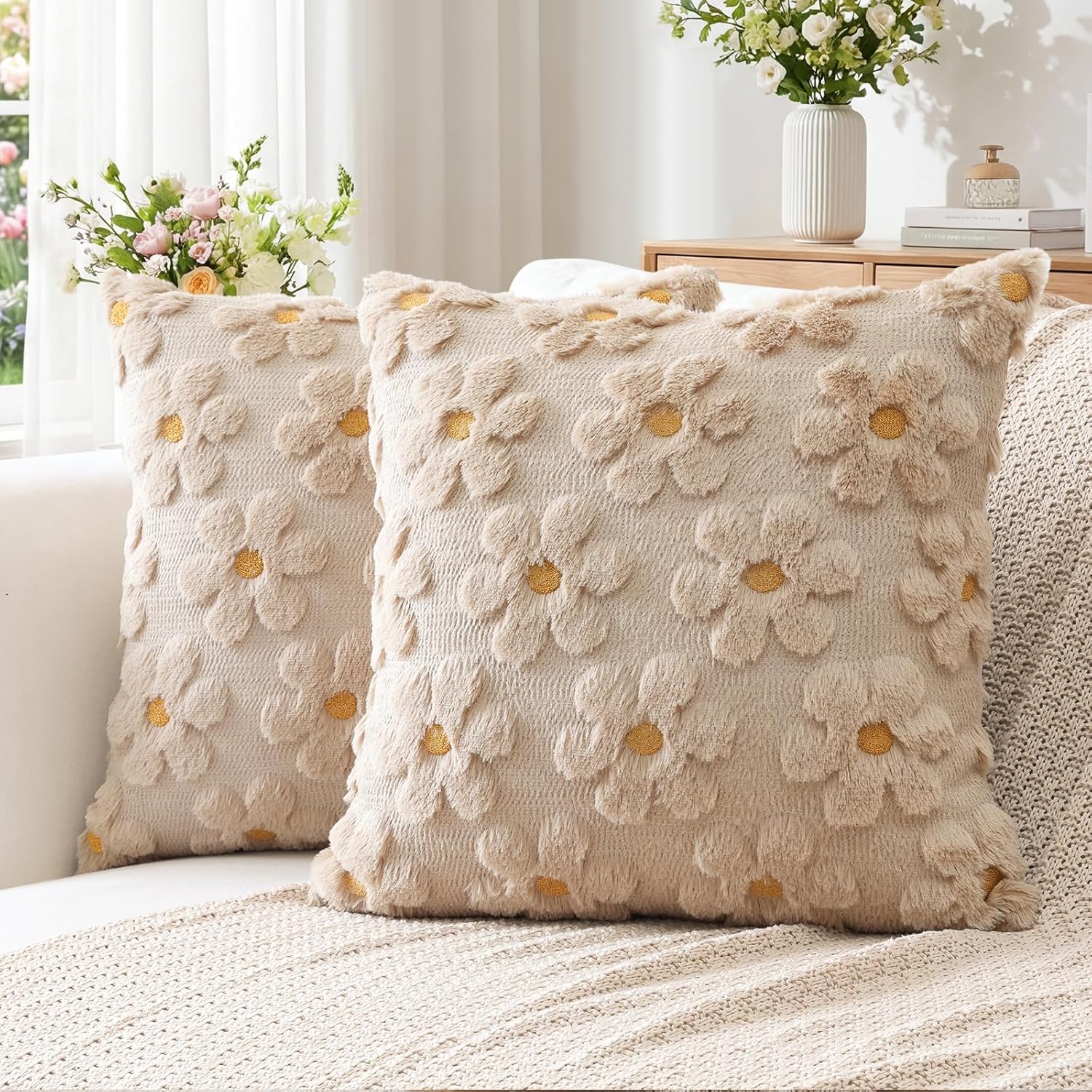 OTOSTAR Flowers Throw Pillow Covers Set of 2 Spring Summer Cushion Covers for Sofa 26x26 Inch Square Soft Plush Short Wool Velvet Pillowcase Seasonal Holiday Decor Beige Brown