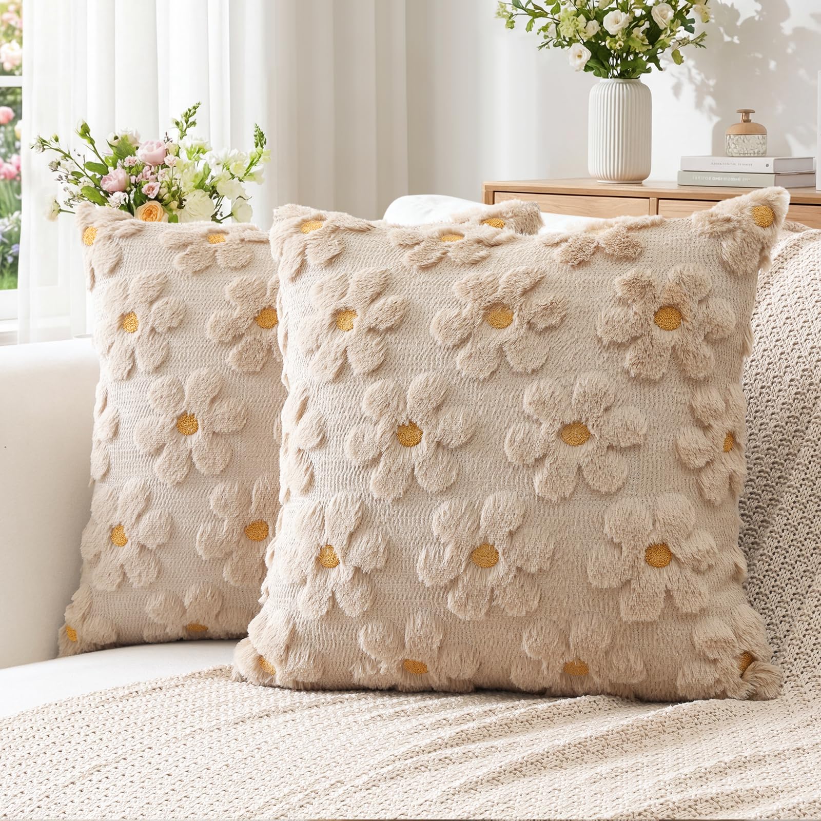 Artscope Spring Summer Cushion Covers Set of 2 Flowers Throw Pillow Covers for Sofa 40x40cm Square Seasonal Soft Plush Short Wool Velvet Cushion Case Holiday Decor Beige Brown