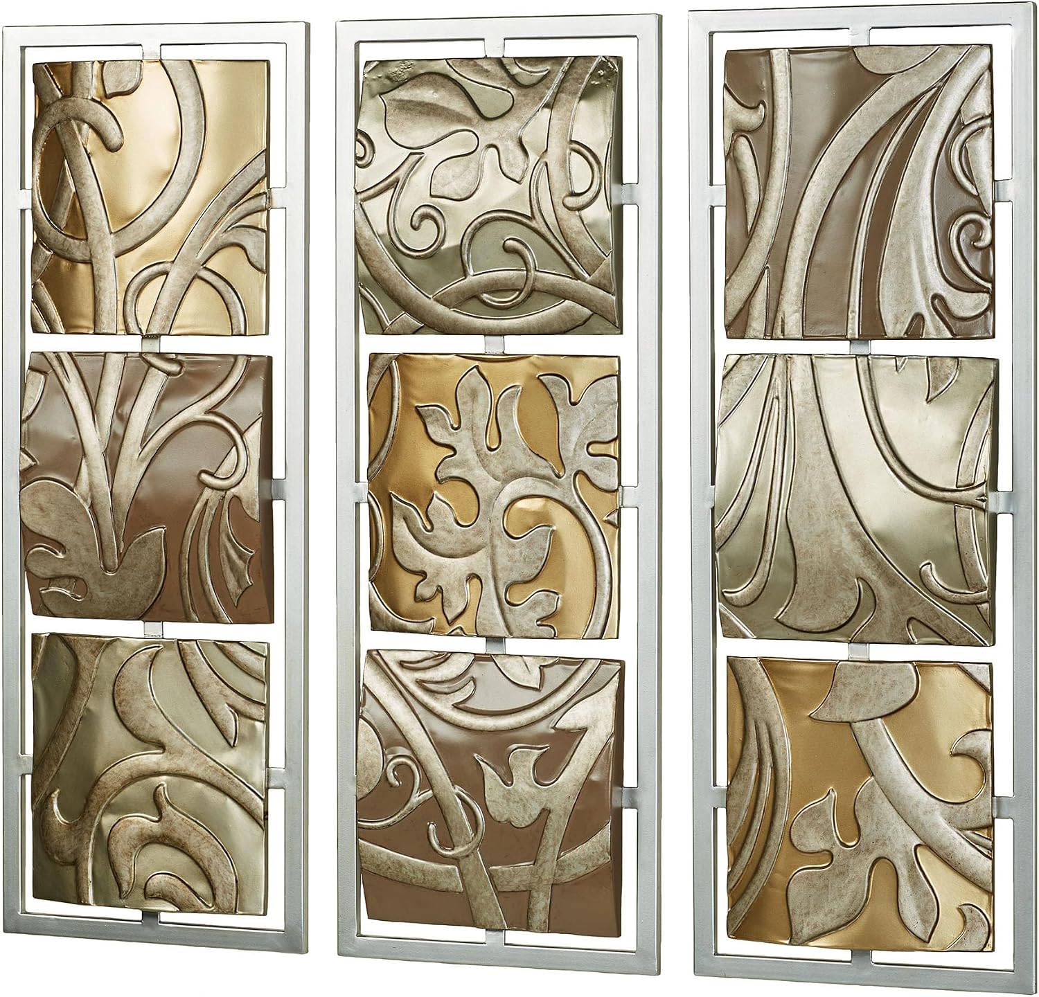 Sydney Traditional Classic Scroll Wall Decor Panel Set of Three | Silver Frame Metal Wall Art | Metallic Gold, Platinum & Bronze Finishes | Dimensional Swirl Details