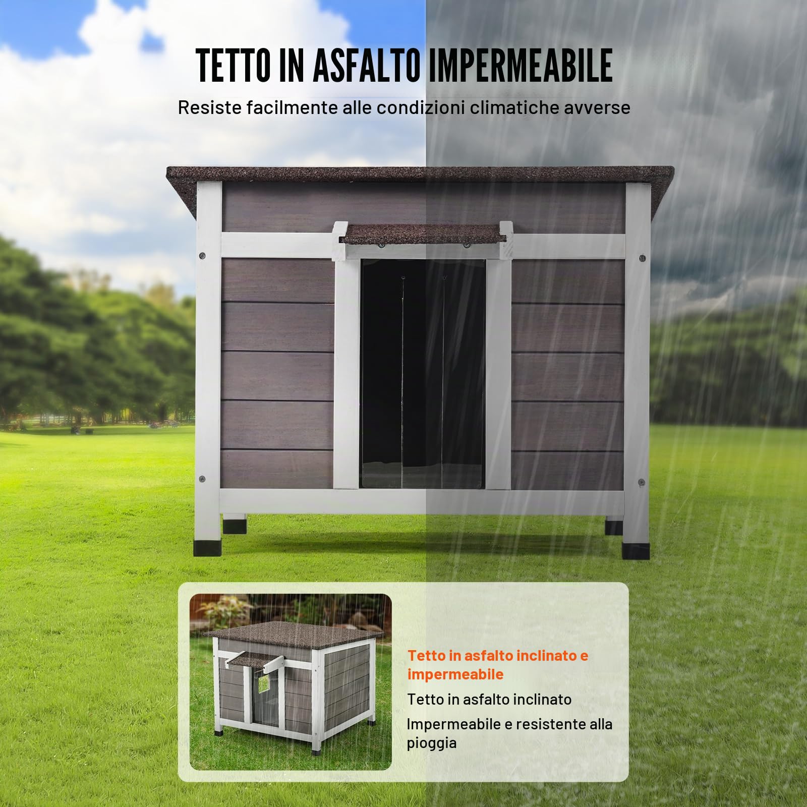 VEVOR Cuccia per Gatti da Esterno, 600x530x465 mm, Cuccia Rifugio per Gatti in Legno, Resistente alle Intemperie, Tetto Aperto, Porta a Ribalta, Capanna per Riparo per Gatti Animali Piccoli, Grigio