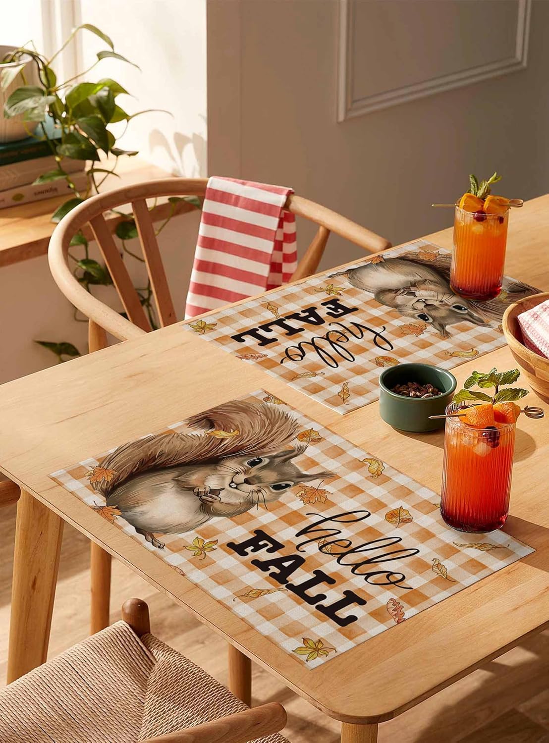 Fall Placemat Squirrel Leaves Thanksgiving Placemats for Dining Table Hello Fall Orange Buffalo Plaid Holiday Washable Table Mats for Party Kitchen Dining Decoration Set of 8