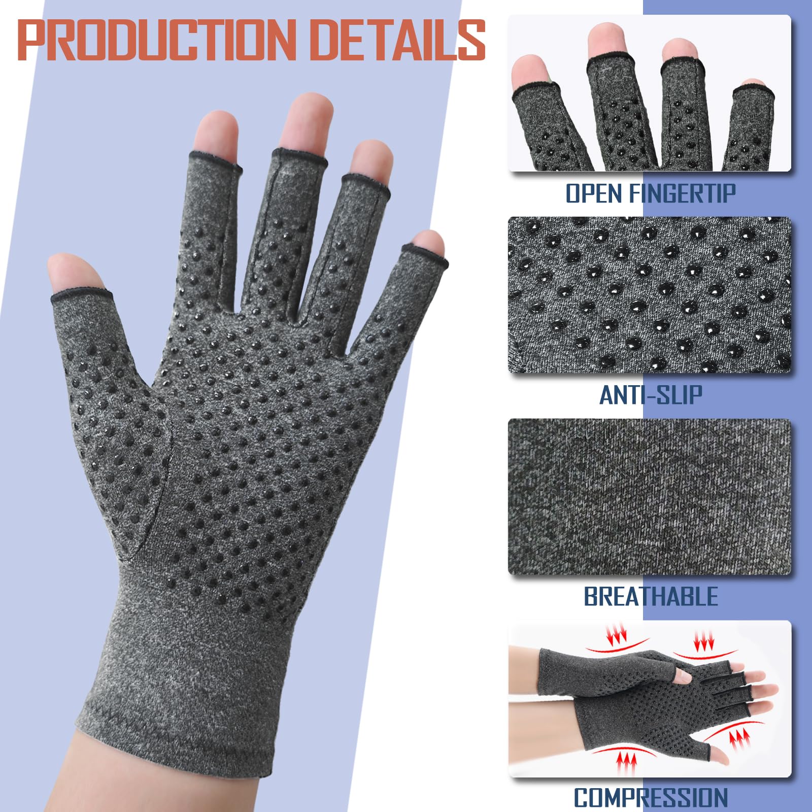 Beieverluck 6 pares de guantes de compresión antideslizantes para artritis, guantes sin dedos para hombres y mujeres