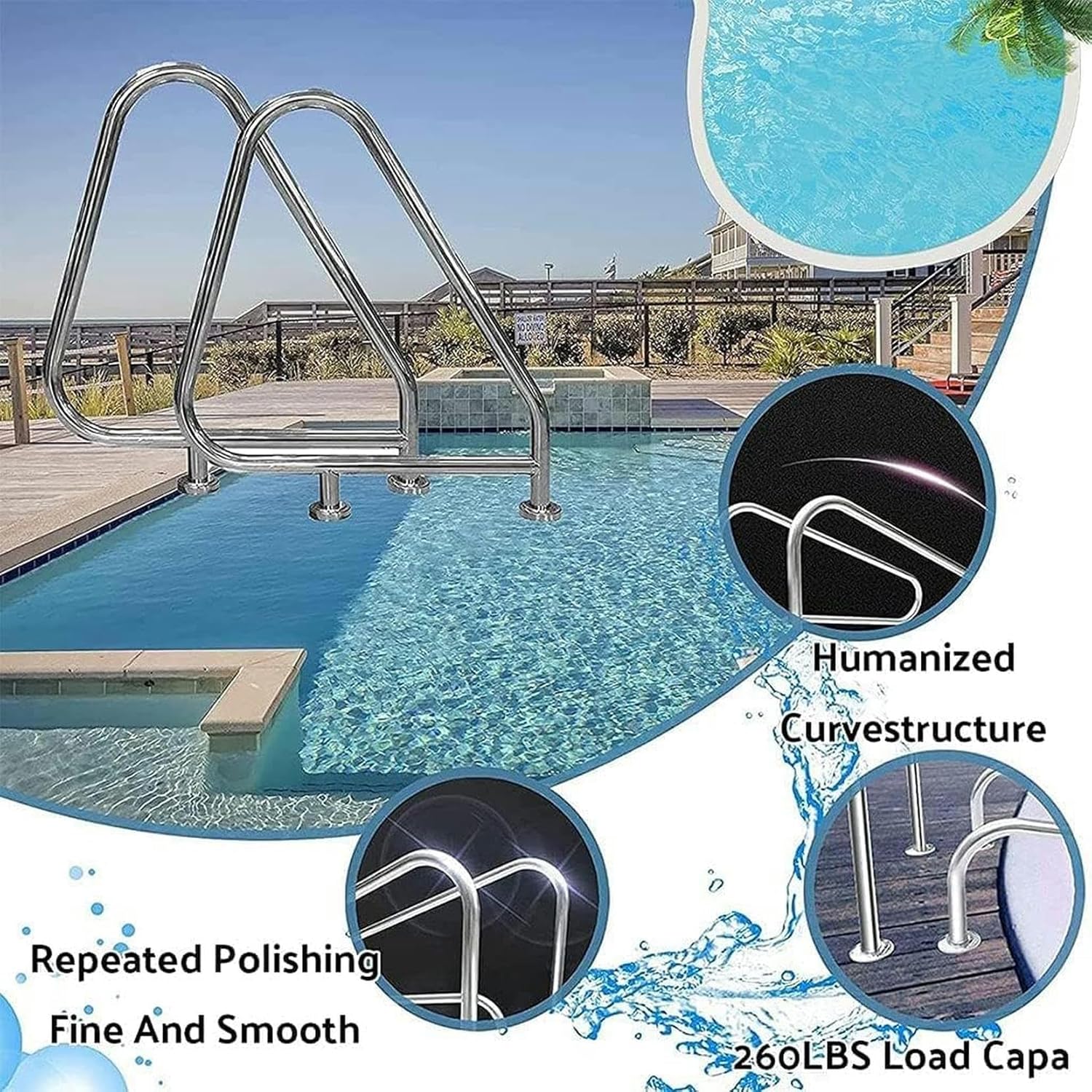 PooHand Rail, Pasamanos De Fácil Montaje Stainless Steel Pool Handrails, Easy Install Safety Handrails with Bottom Plate, Curved SPA Handrails,Silver~/