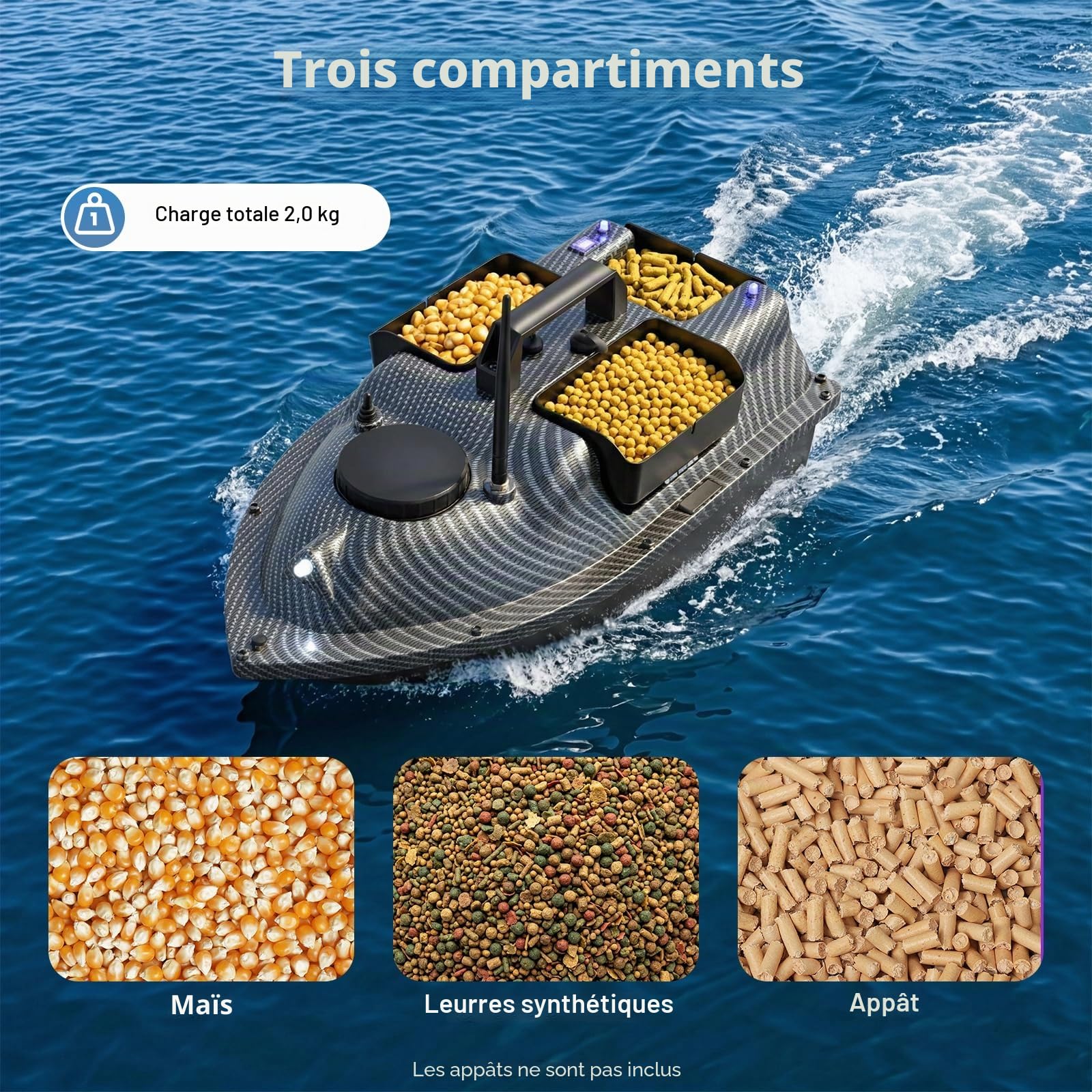Bateau télécommandé, 600 m, Bateau de pêche avec GPS, capacité de Charge de 2 kg, 40 Points de positionnement, Moteurs Doubles, Bateau d'alimentation RC pour rivières, Lacs et Mers