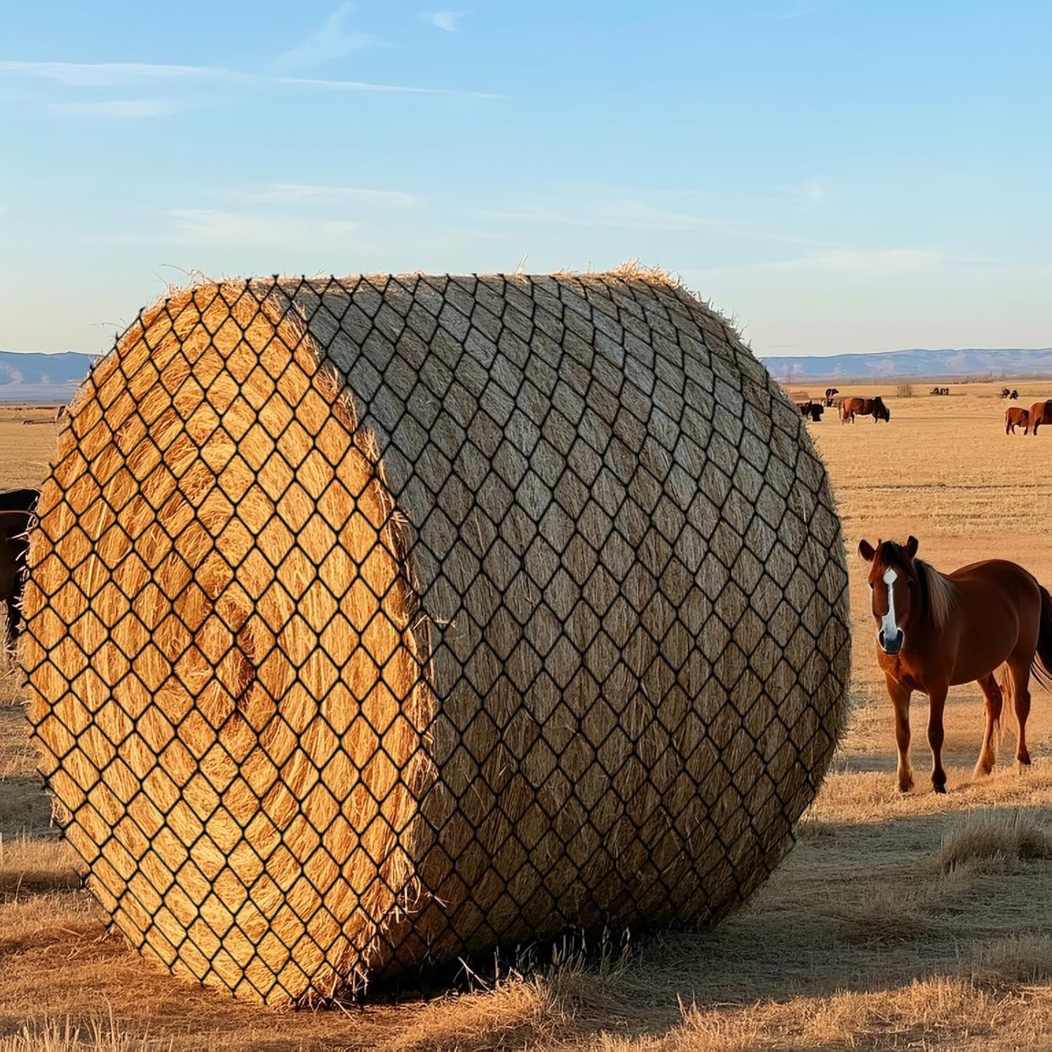 Sancunhui 6x6ft Round Bale Hay Net for Horses, Heavy Duty Slow Feed Hay Net with 1.6" Mesh, Black Nylon Hay Feeder for Horses, Cattle, Goats, Includes