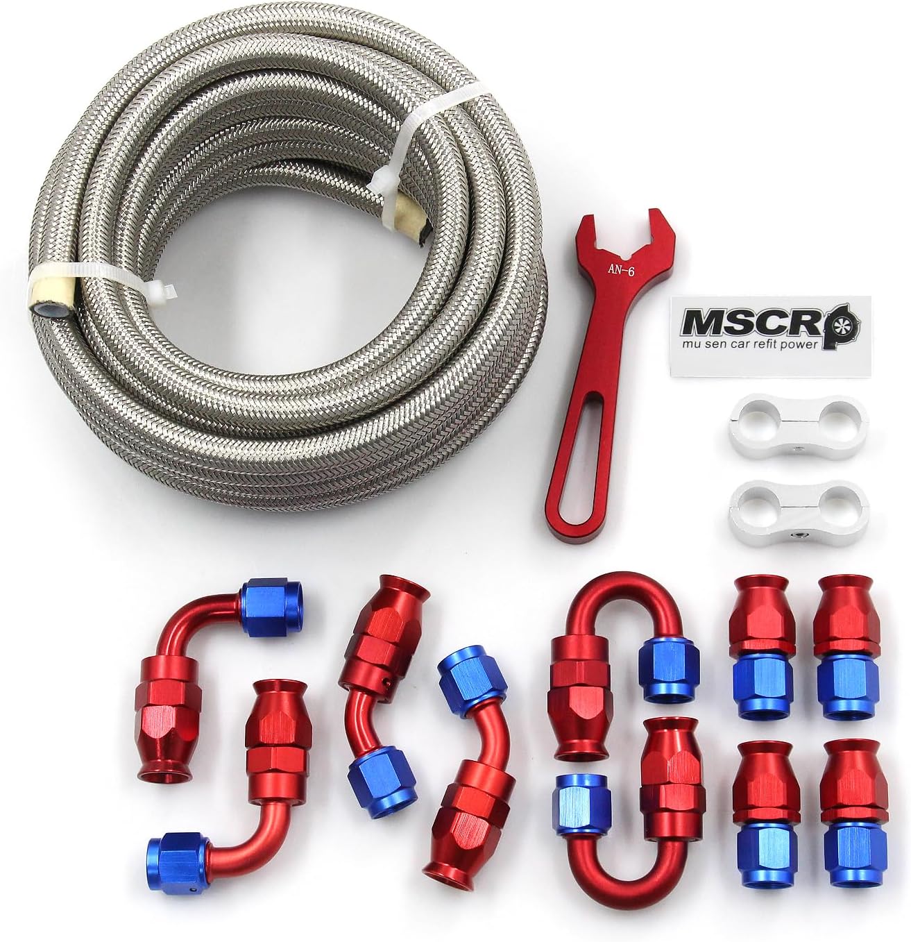 Pro AN6 20FT PTFE Fuel Line Hose Kit, Stainless Steel Braided 3/8" - 8.73mm ID(Silver)