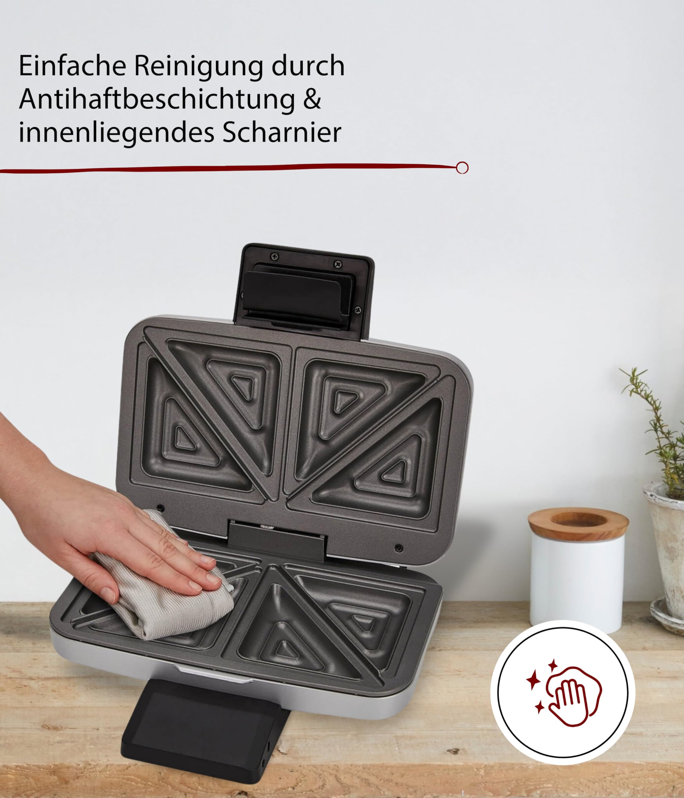 Cloer 6259 Sandwichmaker, 900 W für 2 diagonal geteilte Toasts, American Toasts, XXL Füllungen, Silber