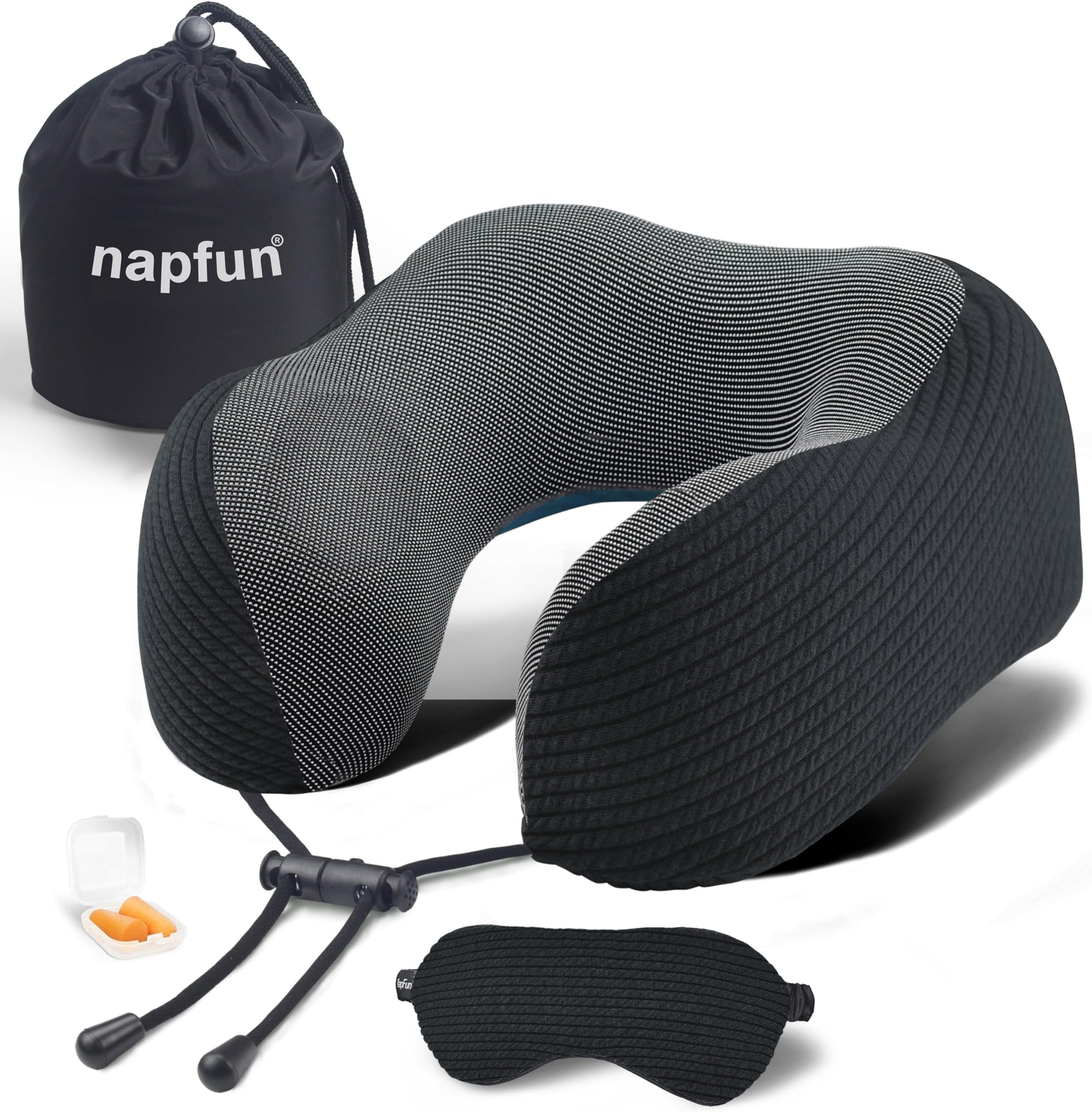 napfun Neck Pillow for Traveling, Upgraded Travel Neck Pillow for Airplane 100% Pure Memory Foam Travel Pillow for Flight Headrest Sleep, Portable Plane Accessories, Striped Black