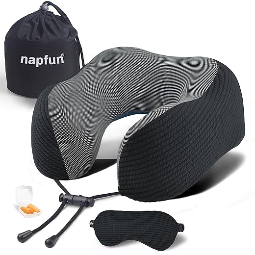 napfun Neck Pillow for Traveling, Upgraded Travel Neck Pillow for Airplane 100% Pure Memory Foam Travel Pillow for Flight Headrest Sleep, Portable Plane Accessories, Striped Black