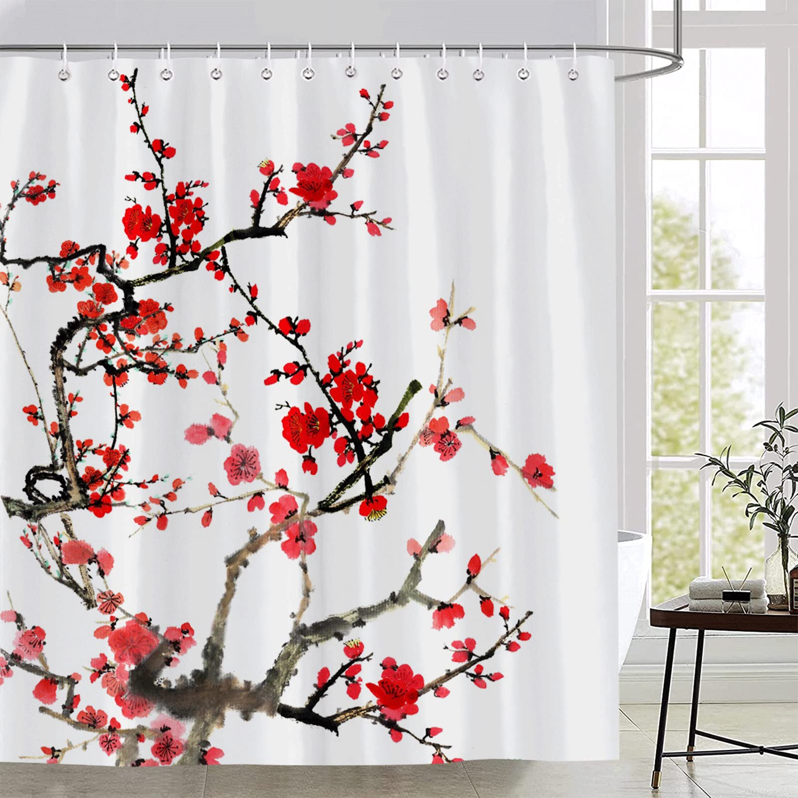YSSFAV Cherry Blossom Shower Curtain - Japanese Floral Bathroom Decor Set With Hooks, 70x70 Inches