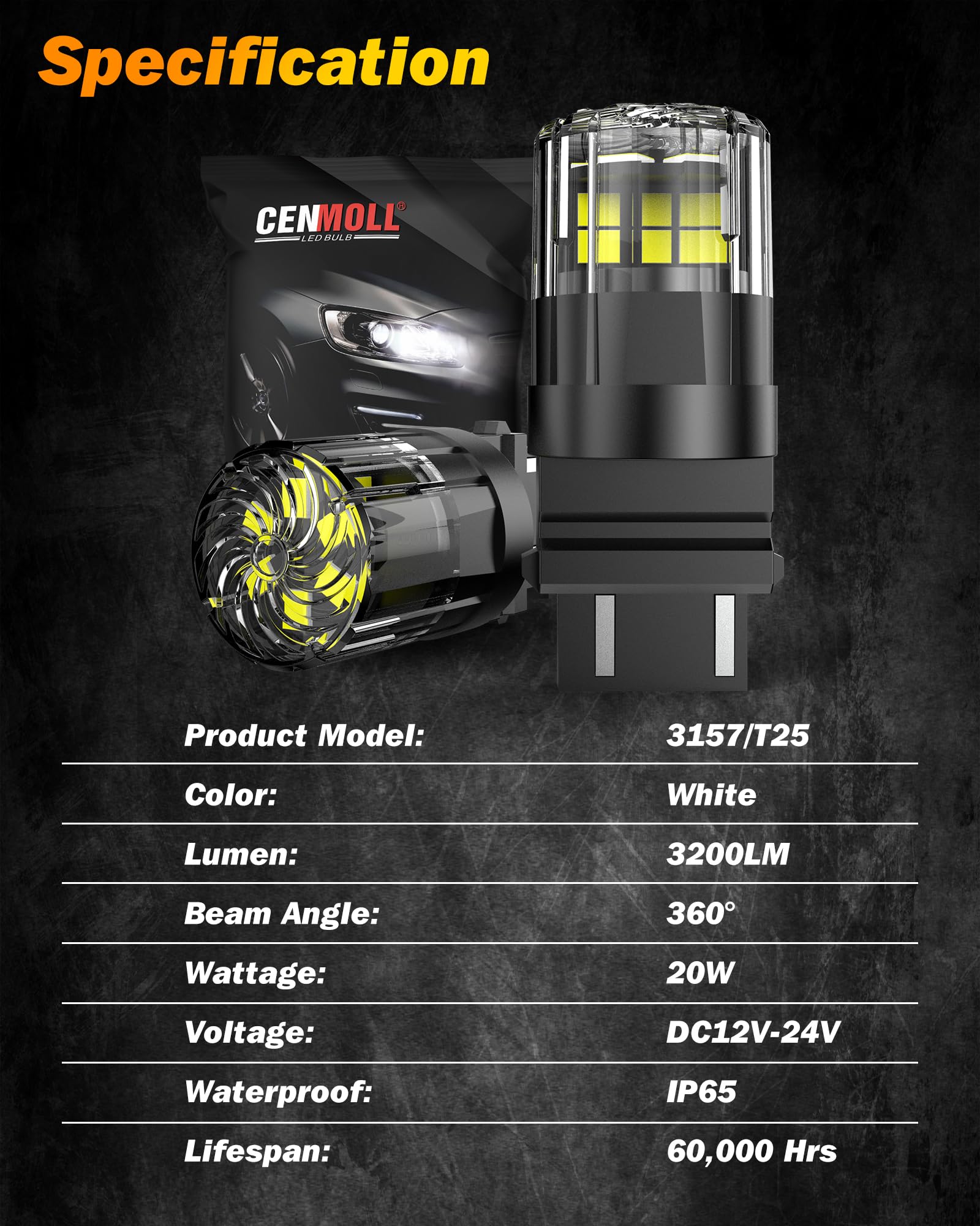 Lampadina LED CENMOLL T25 3157 bianca, 3200LM super luminosa 12V-24V P27/7W 3156 P27W 3157 T25 per luci di retromarcia, freni, indicatori di direzione, luci di posizione e luci diurne, confezione da 2