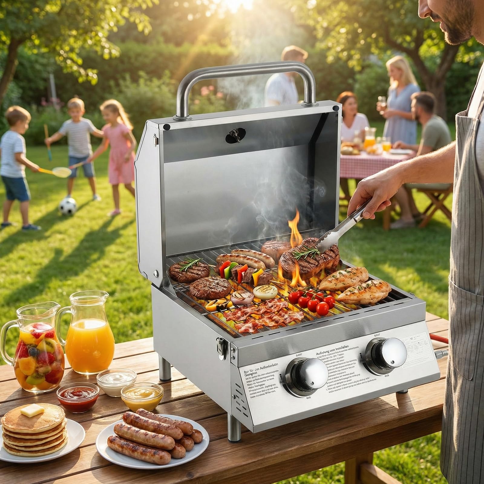 TLSUNNY Mały grill gazowy, 2 palniki, przenośny grill gazowy ze stali nierdzewnej, kompaktowy grill stołowy z rusztem do grillowania, termometrem, kempingowy grill stołowy do grilla, na balkon, do