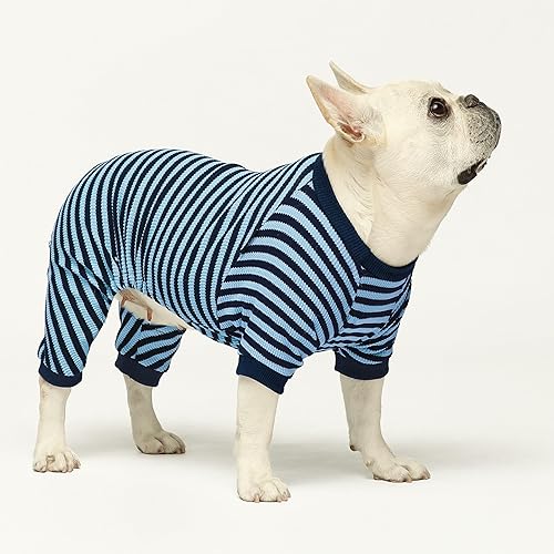 Miniatura 3 de Fitwarm Pijama de perro a rayas azules y blancas, ropa para perros pequeños, hembra, niño, mameluco para cachorros con pies, atuendo para gatos y