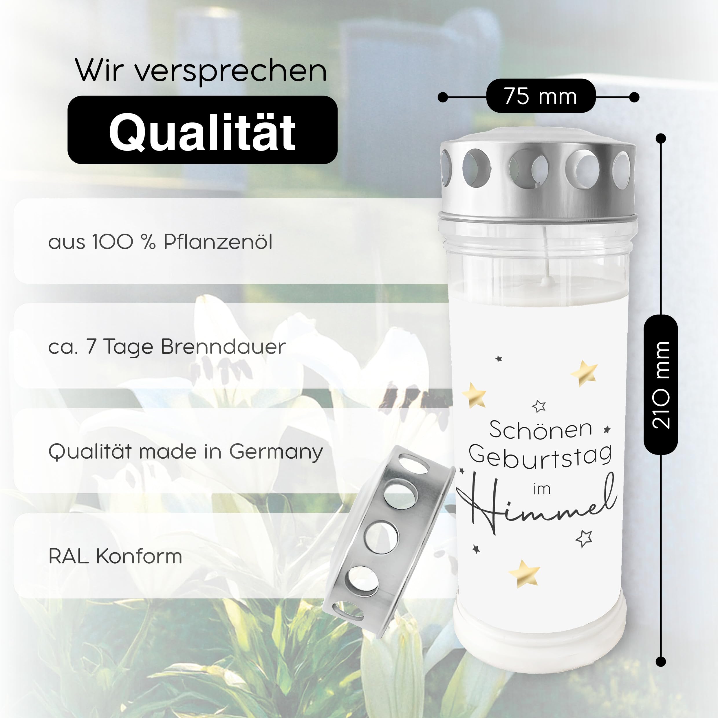 Grablicht 'Schönen Geburtstag im Himmel' | 7-Tagebrenner | Grabdekoration für eine Gedenkstätte | Trauerkerze | UV-Beständig | 21cm