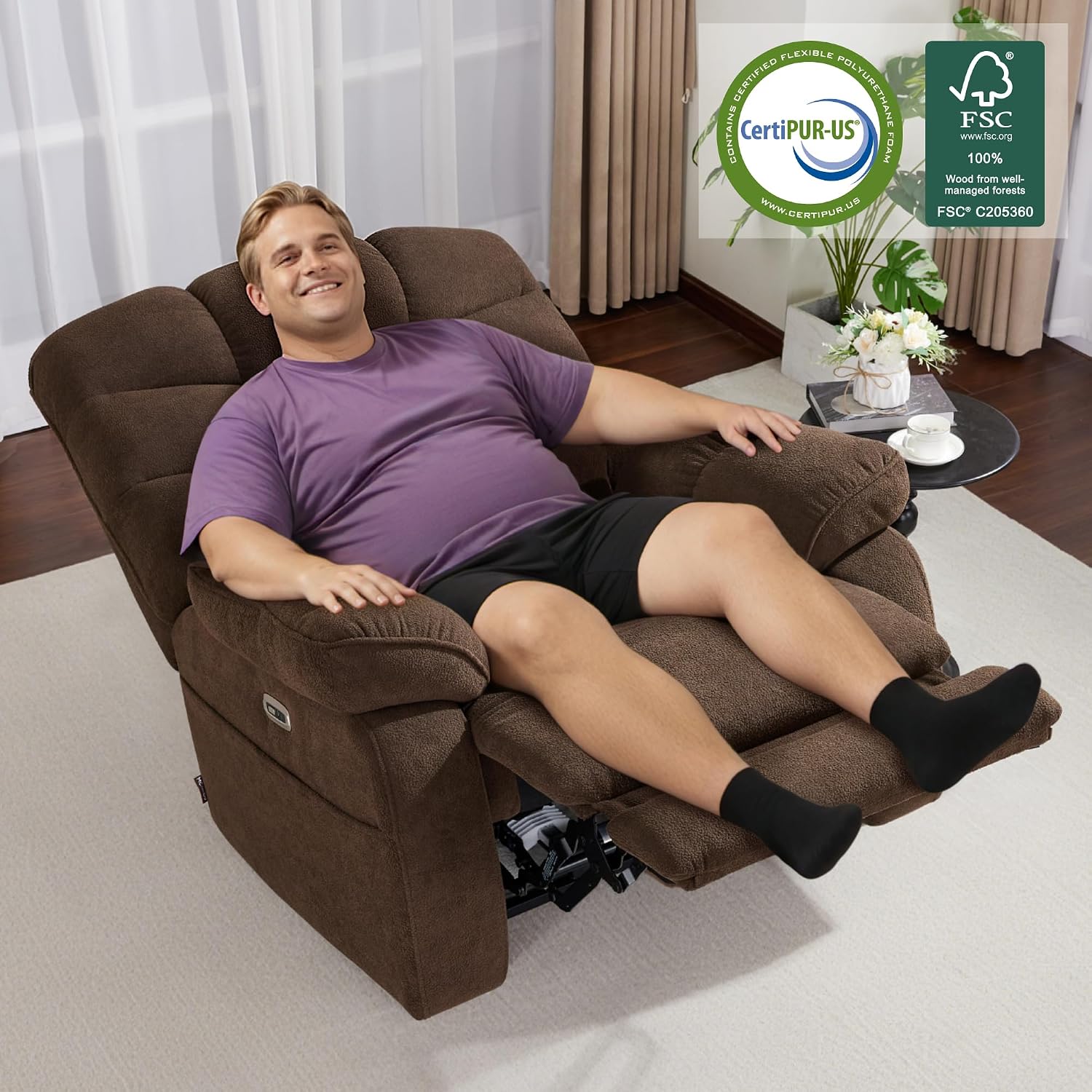 MCombo 27'' Oversized Recliner, Power Recliner Chair for Big and Tall, Zero Gravity Recliner with USB Charge Ports, Side Pockets, for Living Room, Fabric PR677 (Coffee)