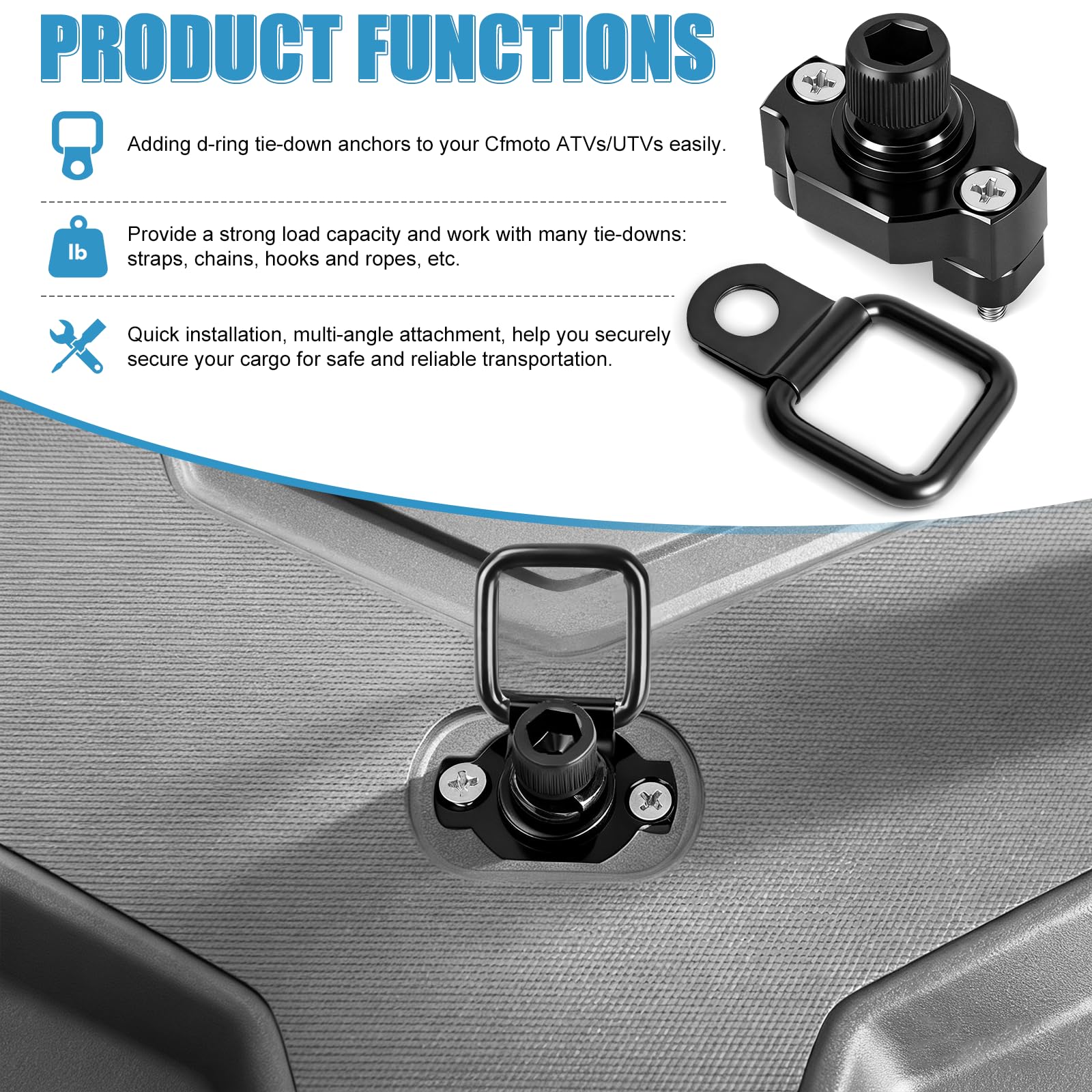 UTV ATV Anclajes de amarre de anillos en D de aluminio para CFMOTO Cforce Zforce Uforce 1000 950 800 600 625 U10 Accesorios, Sistema de anclaje de amarre de anillos en D resistente para UTV