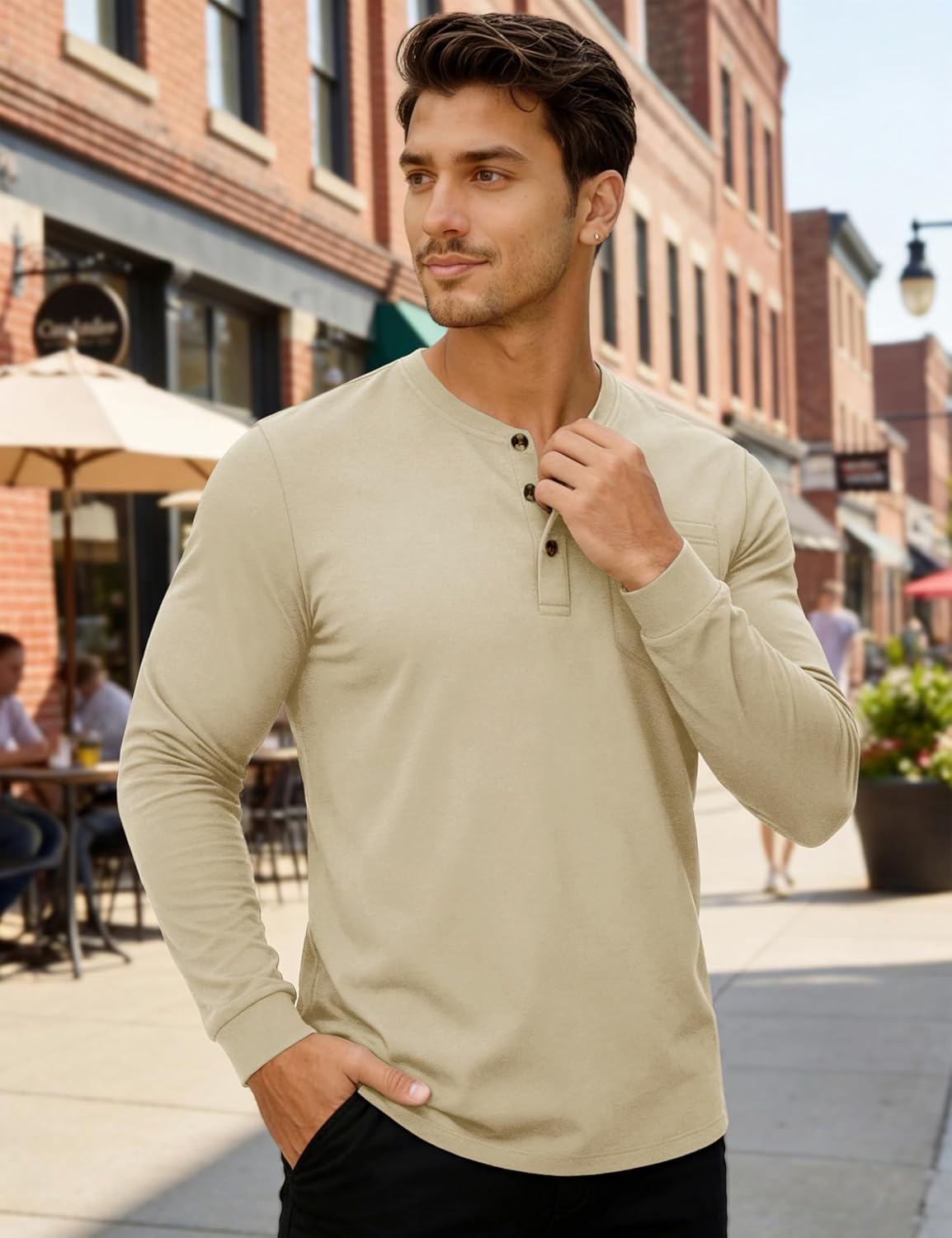 MAGNIVIT Mens Henley Shirts Long Sleeve with Pocket Fall Cotton Casual T-Shirts Plain Moisture Wicking Tee with 3 Button - Image 3
